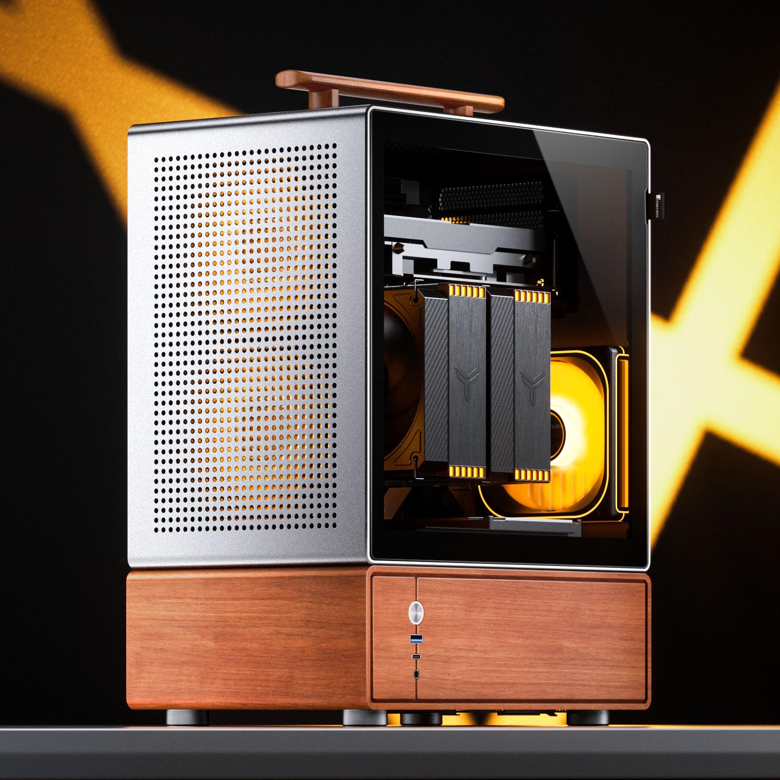 Jonsbo T7 Micro-ATX PC-Gehäuse – Silber | mATX Case mit Aluminium & Holzgriff, Tempered Glass, Zwei-Kammer-Design, USB-C