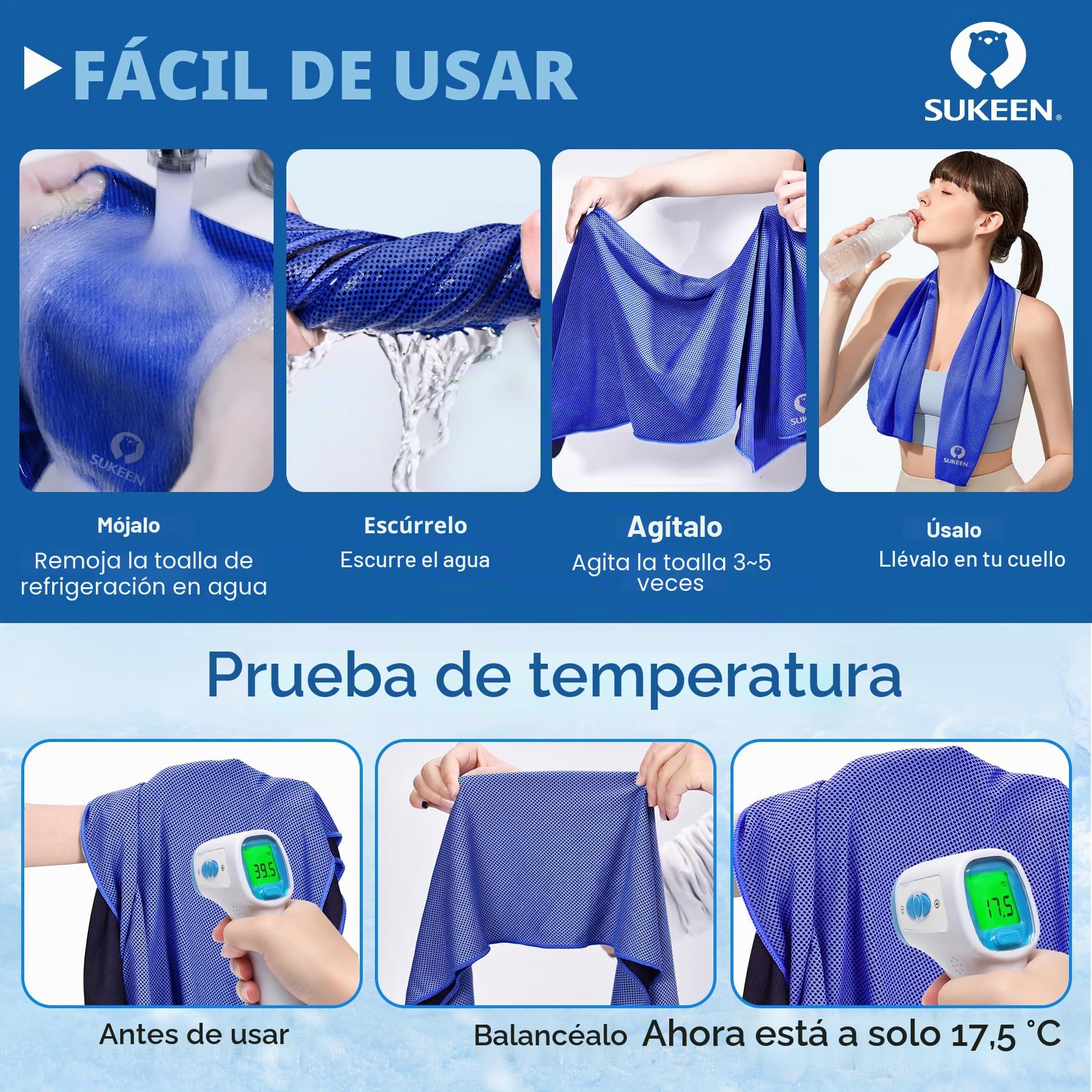 Sukeen Paquete de 8 Toallas de enfriamiento (40 x 12 Pulgadas), Toallas de refrigeración para Cuello y Cara, Toalla de Microfibra Transpirable para Clima cálido, Toalla de Sudor para Gimnasio