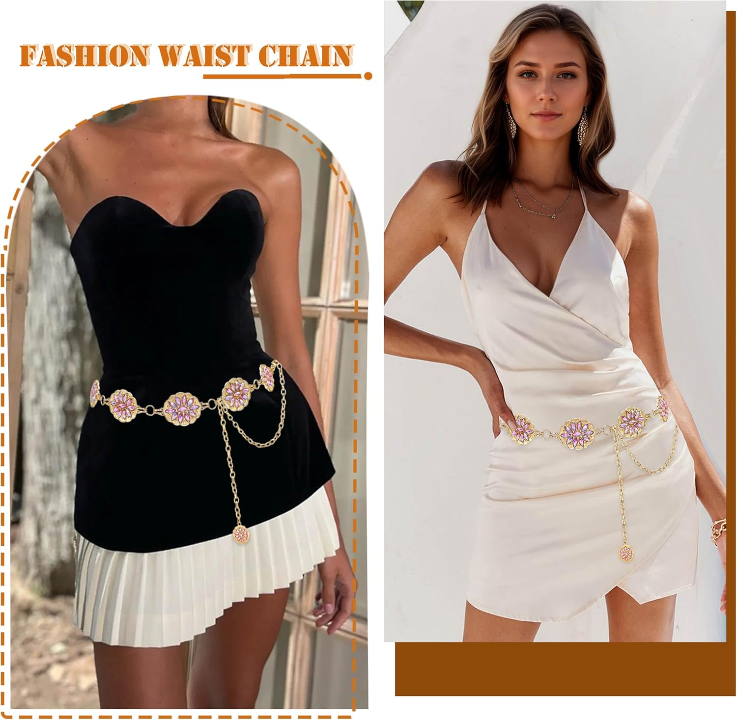 Bling Rhinestone Concho Belt Gold Metal Western Pink Crystal Chain Belt Sparkly Waist Chain for Women Dress - Image 5