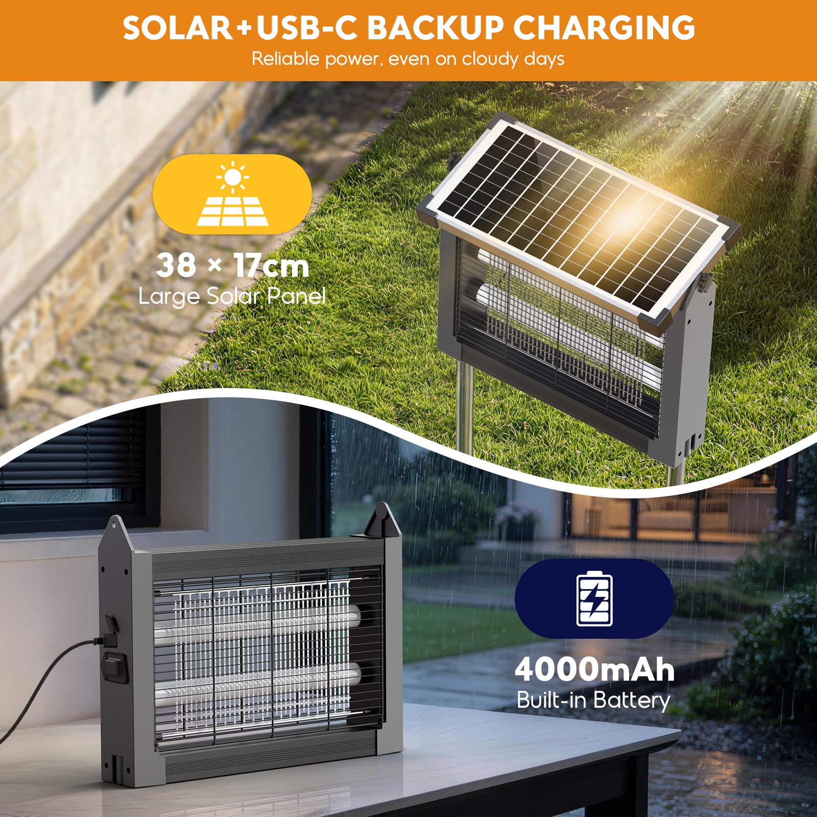 Anysun Destructeur d'Insectes Solaire, Lampe Anti Moustique Extérieur 4500V | Batterie 4000mAh, Rechargeable USB, IPX5, Capteur Crépusculaire, Câble 3 m, pour Terrasse, Balcon, Jardin, Camping