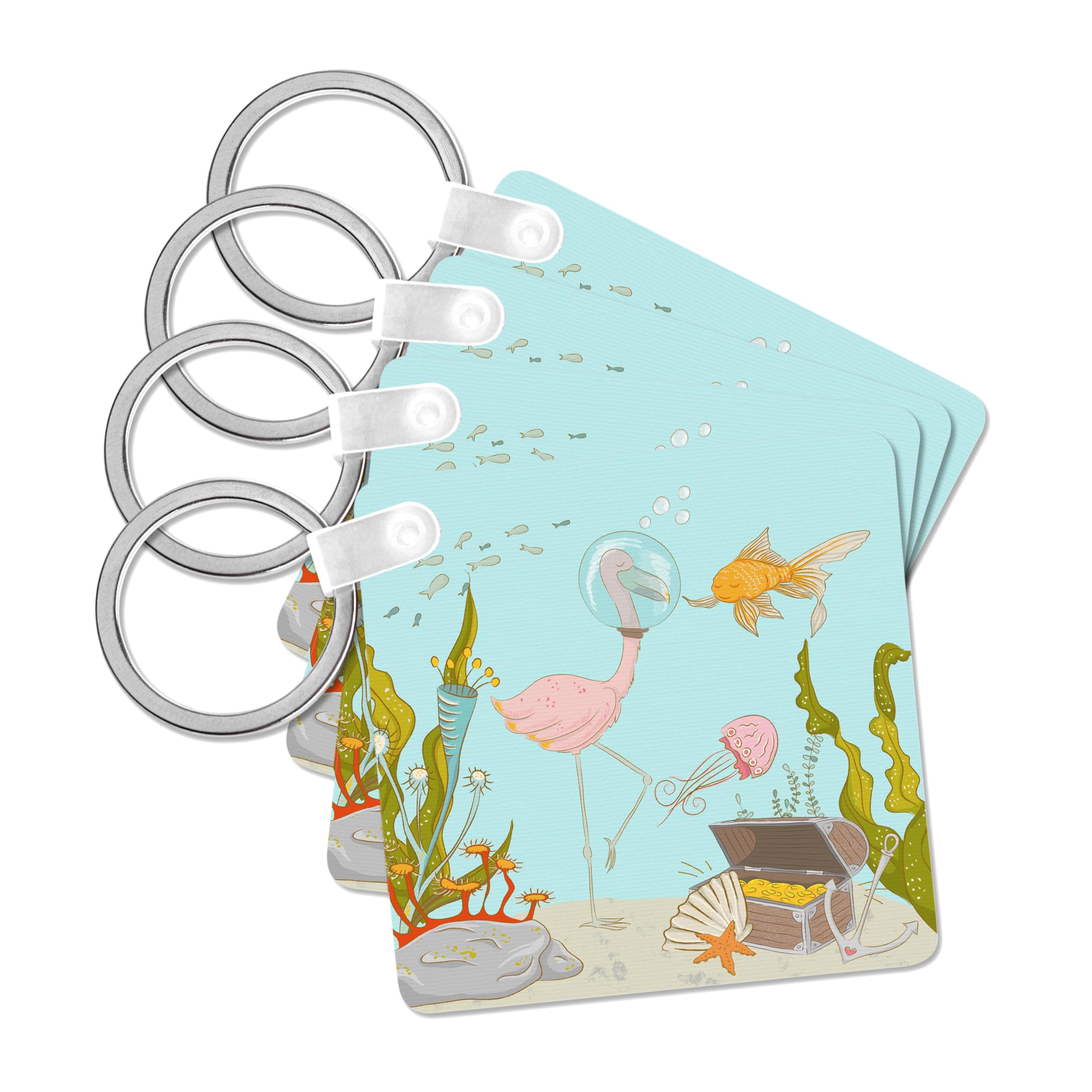 3dRose, Ocean Fairy Underwater Illustration for Kids - Flamingo Diver Dreams, set of 4 Key Chains