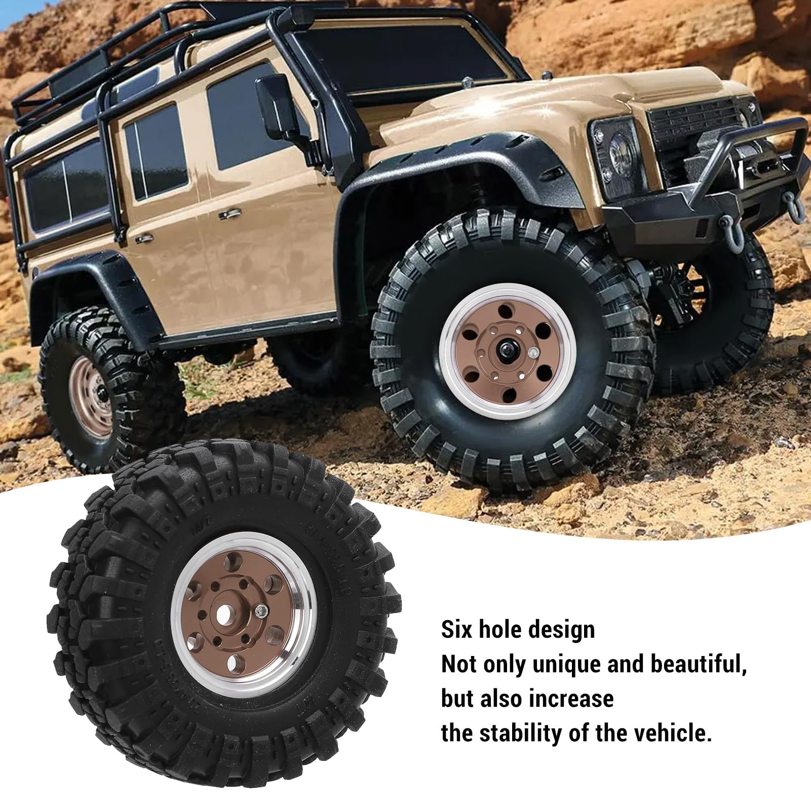 Beadlock 1.0 Jante avec pneus, moyeu de roue Beadlock de voiture télécommandée, jante en alliage d'aluminium Beadlock pour voiture sur chenilles télécommandée 1/24, design à 6 trous avec stabilité et