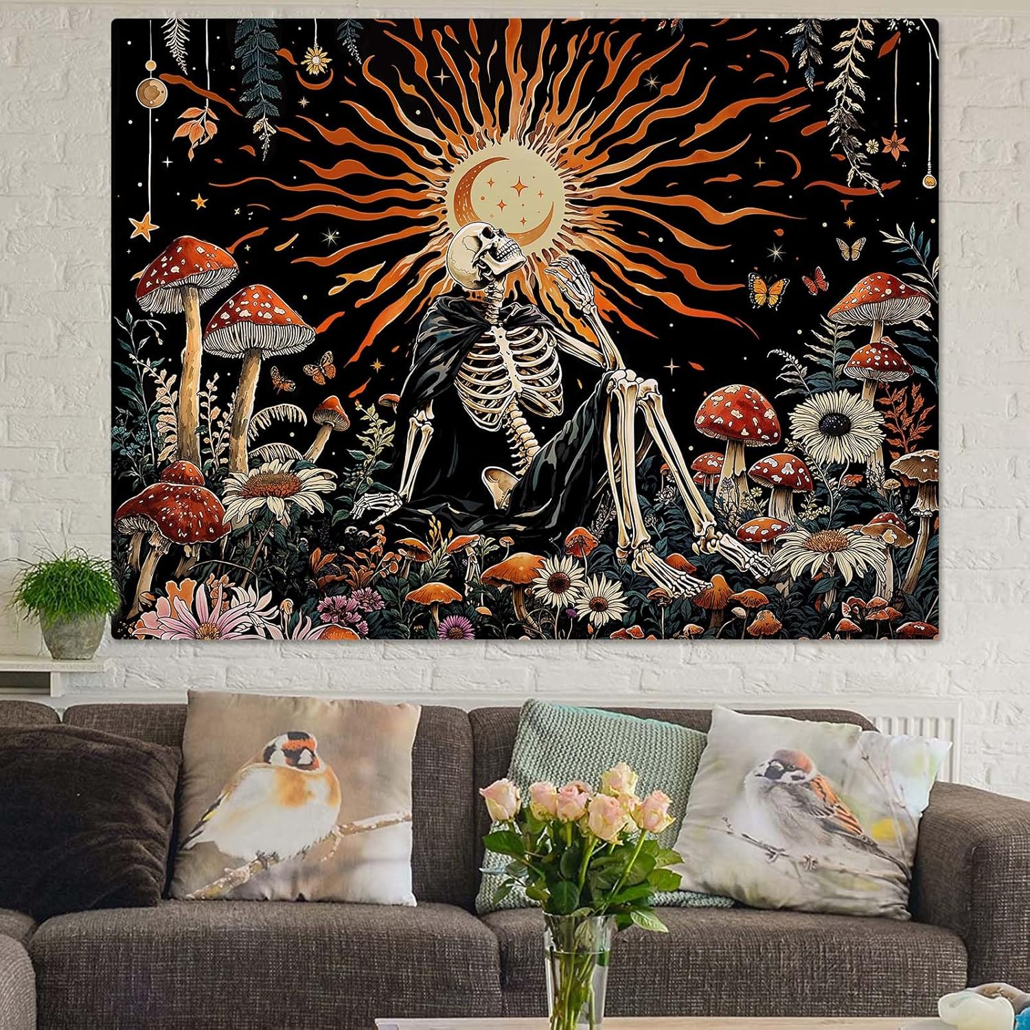 Kanuyee Fantast Meditating Skeleton Tapestry Mushroom Wall Art Tapestries Gothic Boho Room Decor Aesthetic Wall Hanging for Bedroom Dorm Living Room Fantasy Art 80x60 Inch