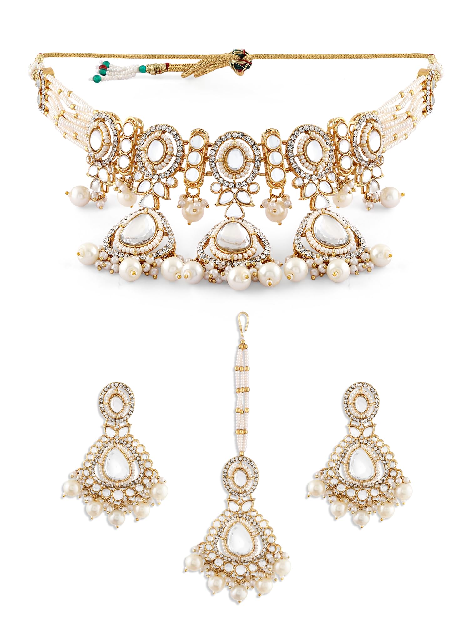 Gold Tone Dazzling Stones Multistrand Beaded Choker Necklace Earring & Maangtikka Set For Women-ZPFK17788