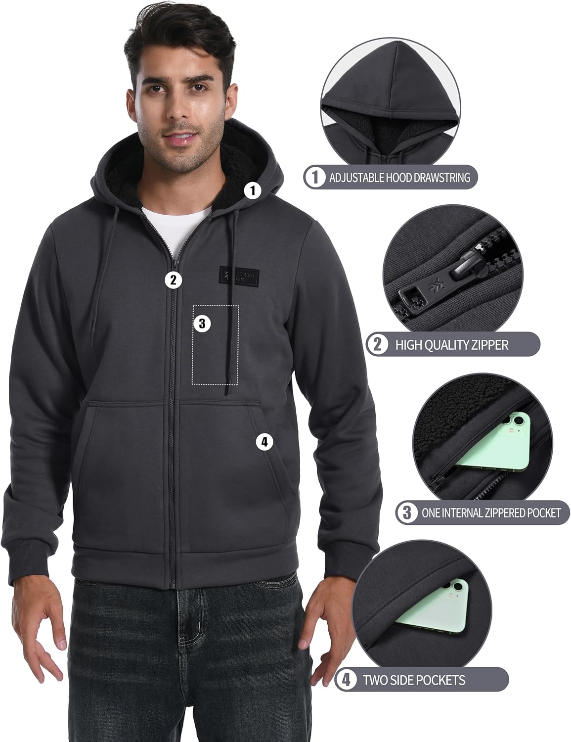 Pioneer Camp Men's Sherpa Lined Hoodie Full Zip Up Heavyweight Hooded Jacket Sweatshirt Fleece Fall Winter Coat with Pocket - Image 6