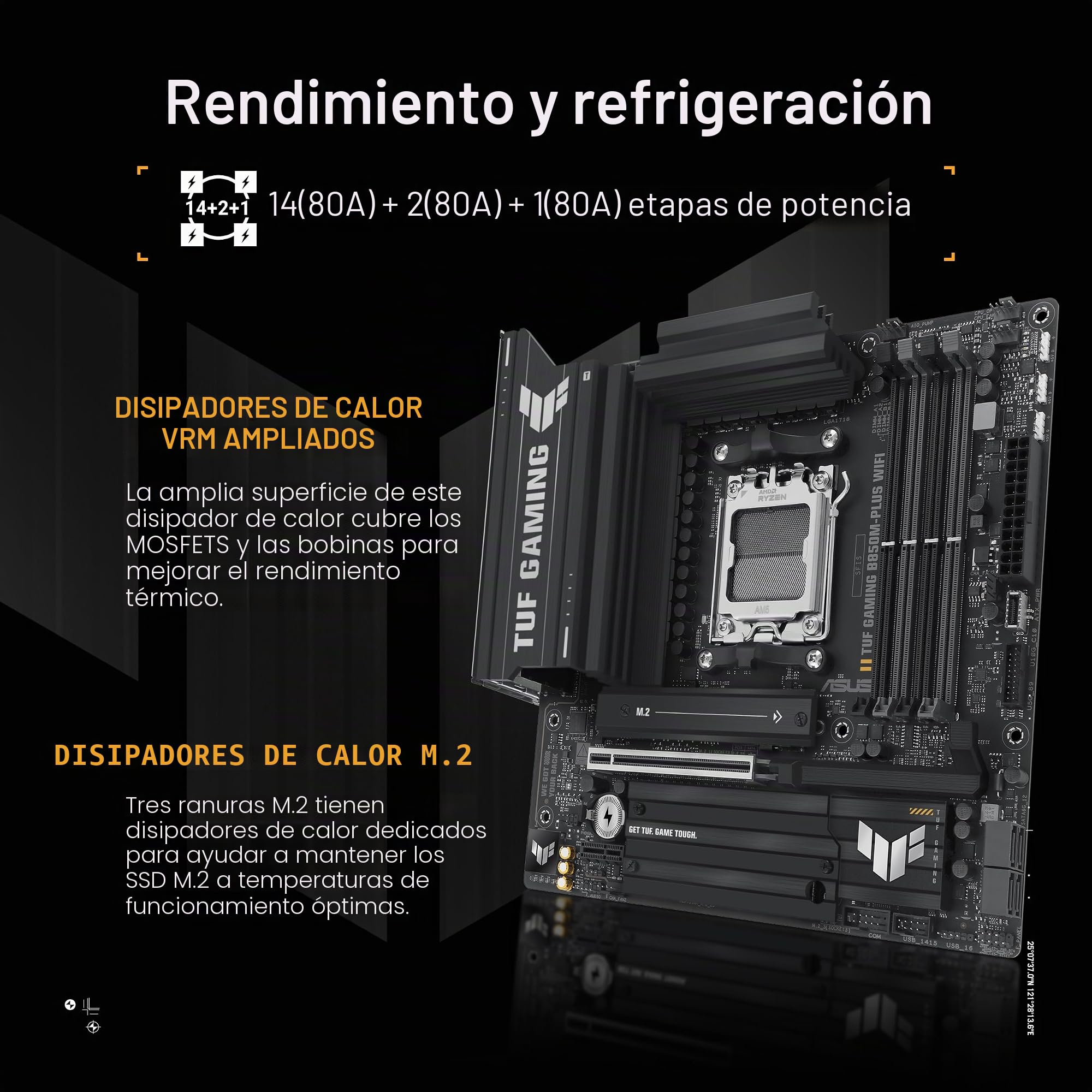 ASUS TUF Gaming B850M-PLUS - Placa base WiFi AMD AM5 B850 mATX, 14+2+1 80A DrMOS, DDR5, PCIe 5.0, 3X M.2, Wi-Fi 6E, LAN de 2.5 Gb, DP, HDMI, USB 10Gbps y 20Gbps Type-C, BIOS Flashback, Aura Sync
