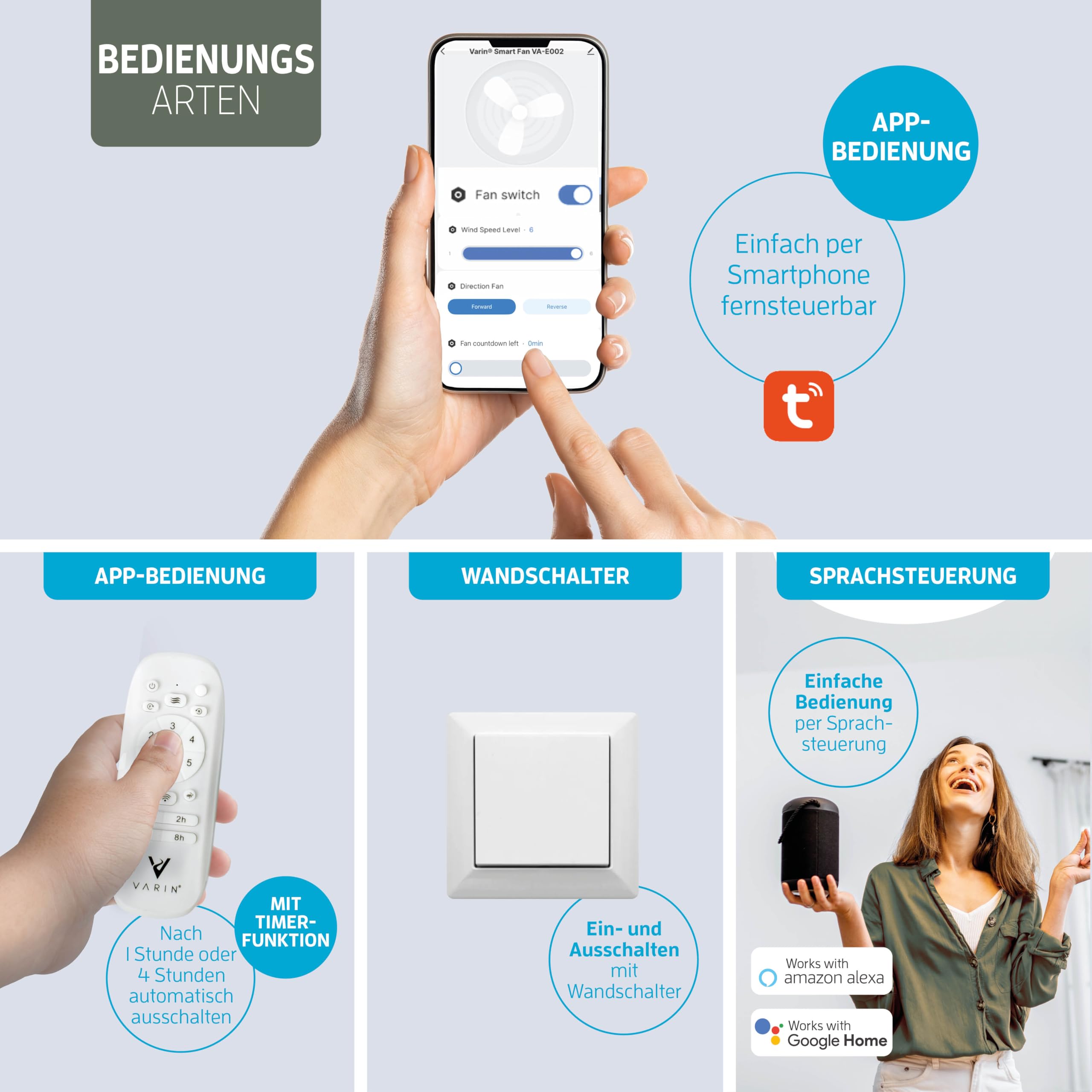 Varin® Smart Deckenventilator, Tuya WLAN, Lange Flügel, 6 Geschwindigkeiten, Ventilator Leise 20 dB, Deckenventilator mit Fernbedienung und App, Ø 132 cm, Schwarz
