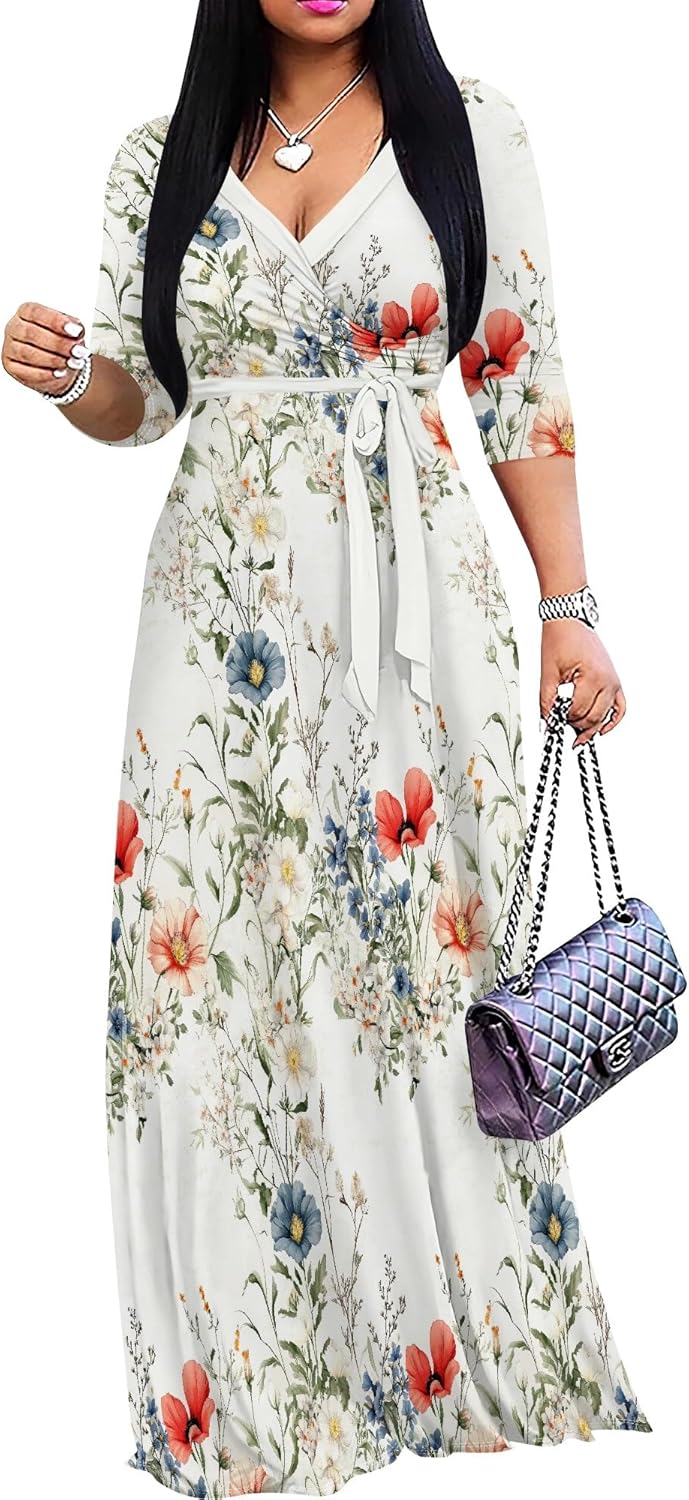 PinkPatty Women's Plus Size Maxi Dresses 3/4 Sleeves Bohemian Long Dress Printed Swing Dress with Belt