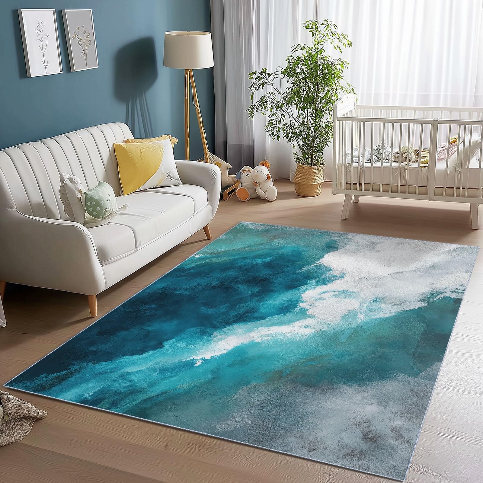 Tappeto per soggiorno 120 x 170 cm Tappeti lavabile in lavatrice morbido a pelo corto per camera da letto Moderno Effetto consumato Ombreggiatura tappeto resistente alle macchie Lago Blu Bianco