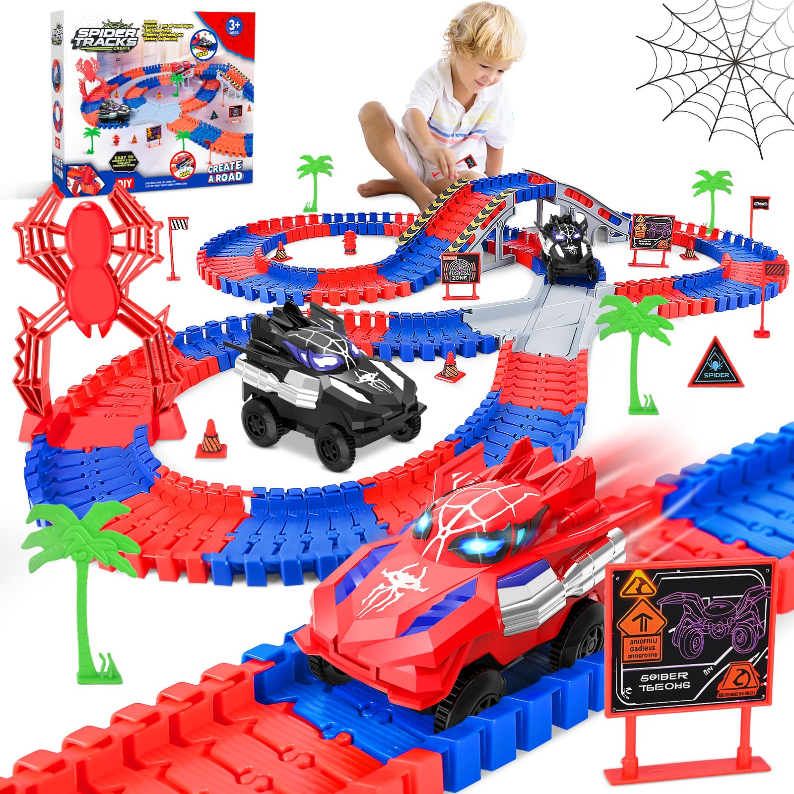 Spider Toys for Boys 4-6, with 2 Electric Spider Race Track, Flexible Tracks Playset Toys for 3 4 5 6 7 8 Year Old Boys and Girls, 212 PCS Race Tracks Birthday Gifts for Boys