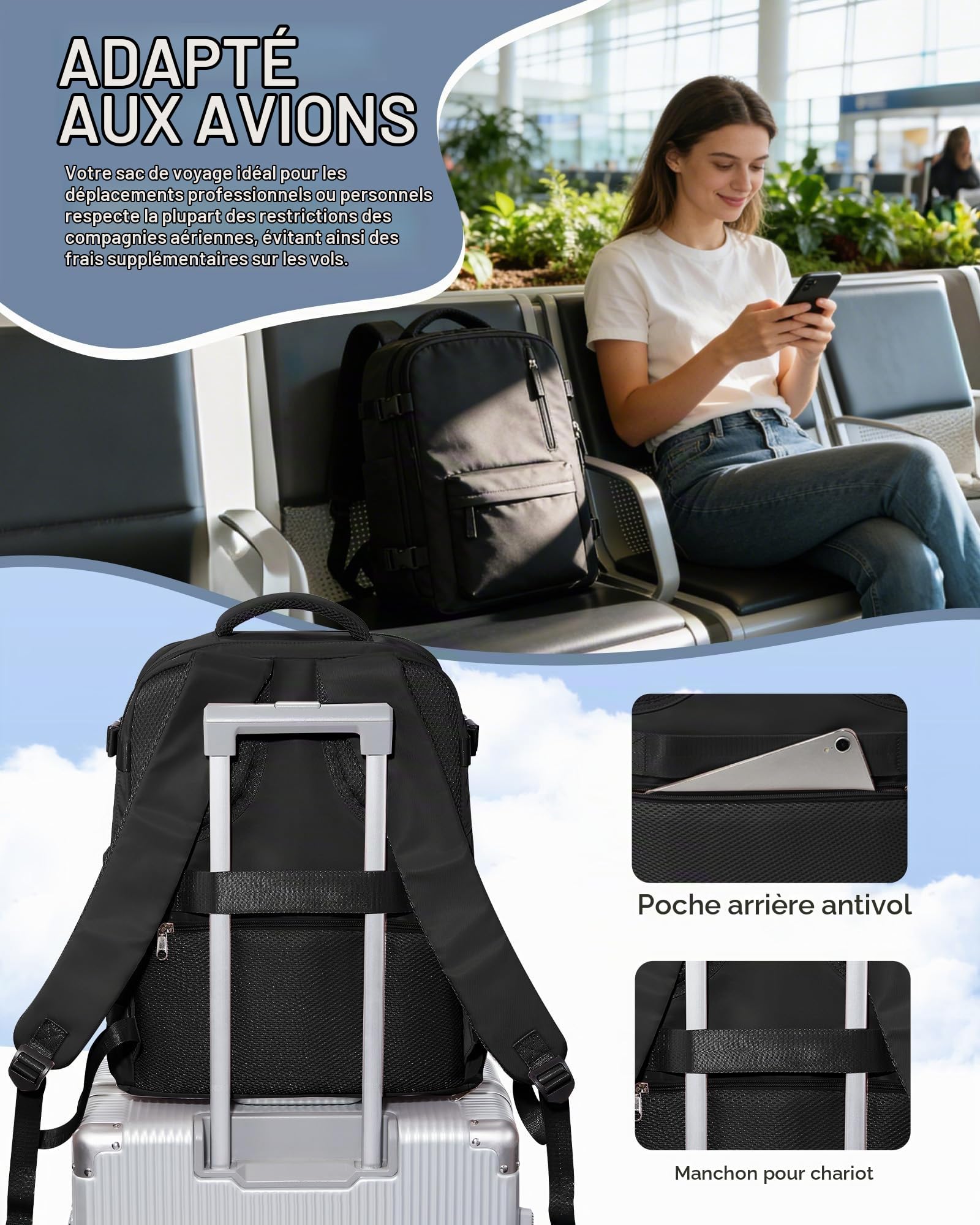 SEAFEW Sac à dos sous vide de voyage avec pompe, Cabine Avion Bagage cabine à main para Easyjet 45x36x20 avec compression pour homme et femme Sac de Voyage pour Week-End,G01-Noir