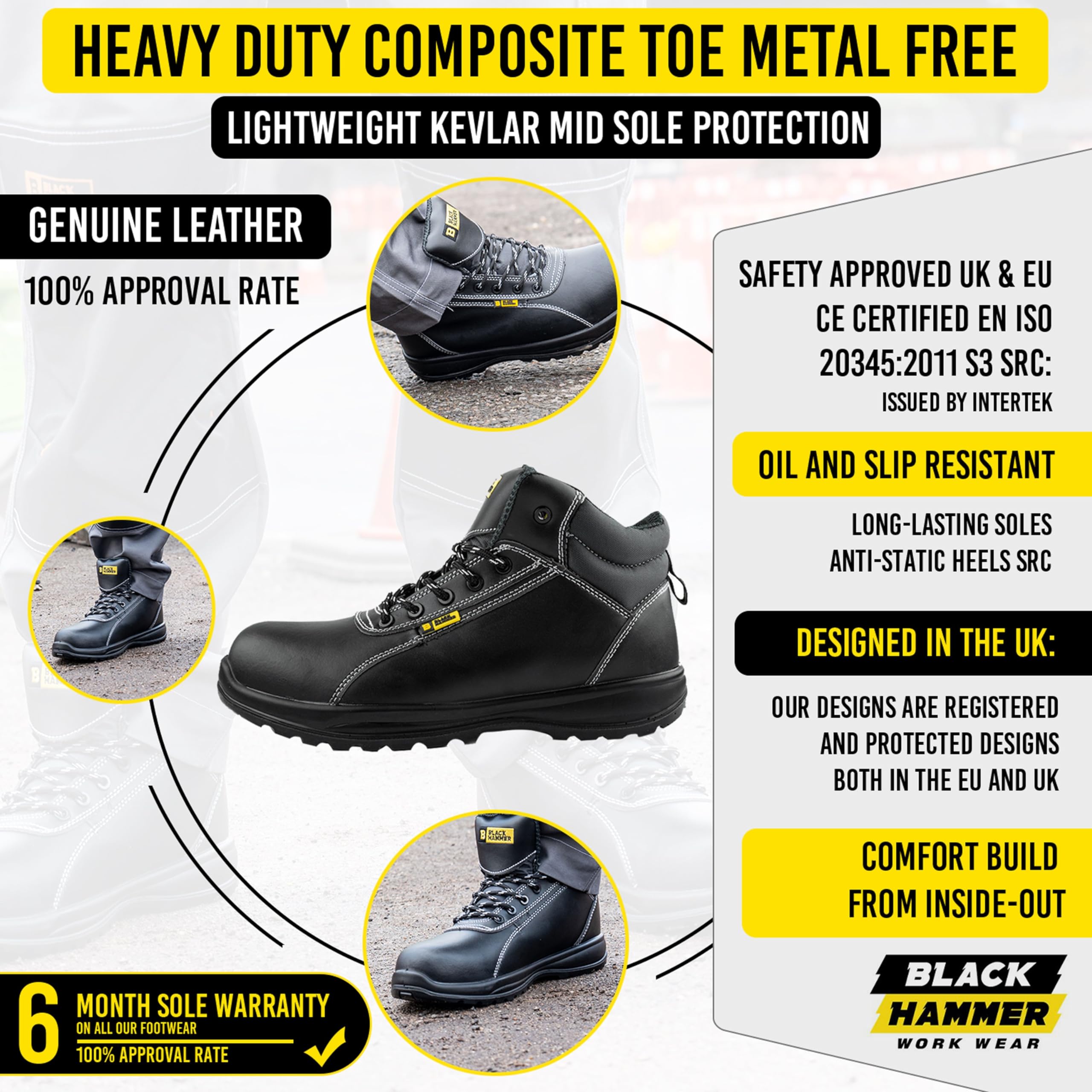 Męskie Skórzane Buty Ochronne S3 SRC Kompozytowe Noski Kevlarowe Niemetalowe Bez Metalu Lekkie Buty Robocze Za Kostkę Do Wspinaczki Black Hammer 1500 Czarne