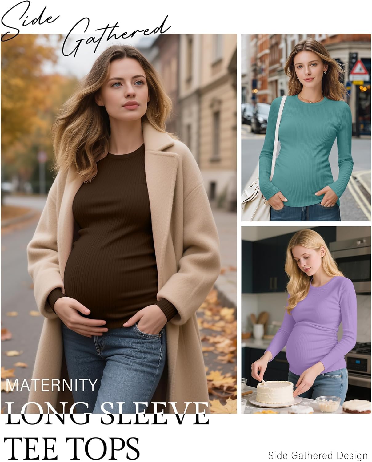 Ficerd 4 Pack Women's Maternity Shirts Cotton Long Sleeve Ribbed Crew Neck Pregnancy Tops Side Ruched Casual Mama Clothes - Image 4