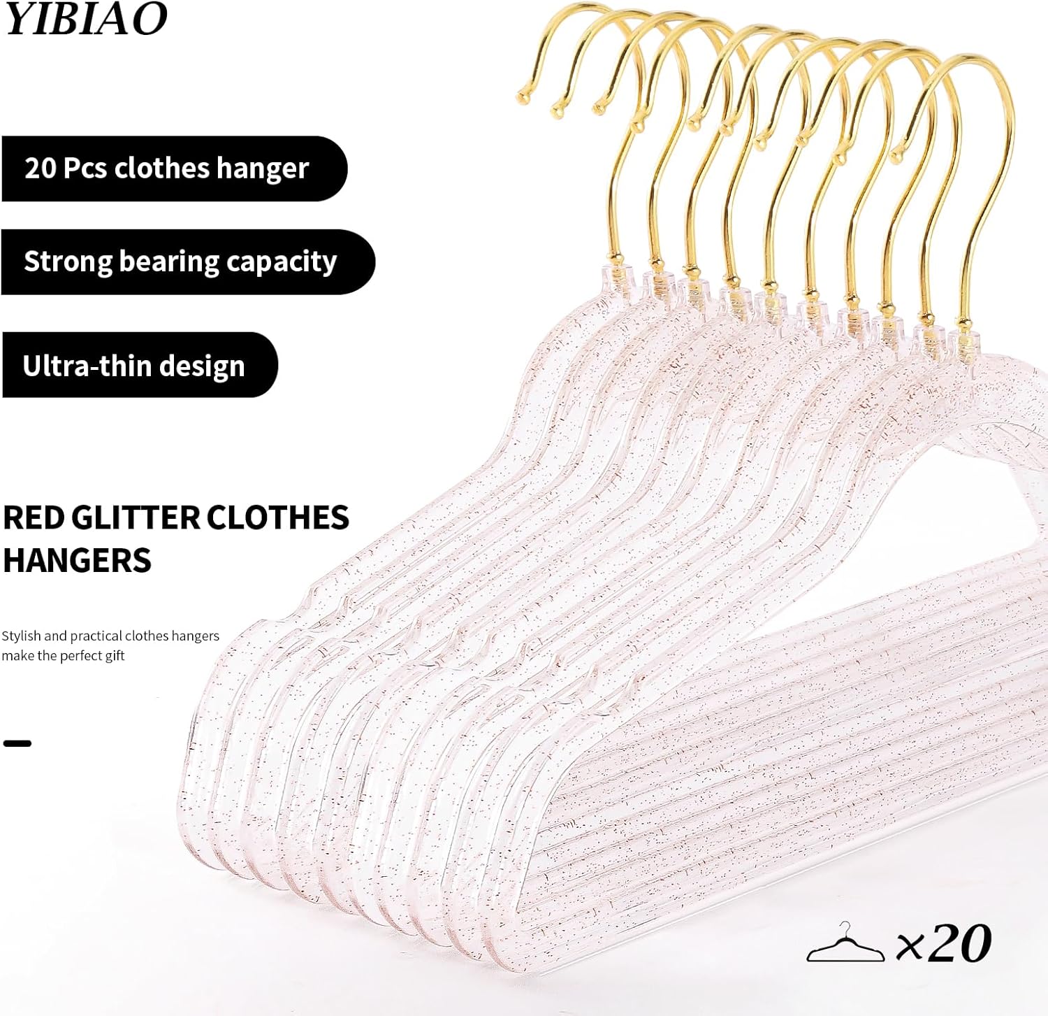 20 Pcs Red Glitter Sparkle Hangers, Ultra-Thin Acrylic Glitter Hangers for Dresses and Suits - Non-Slip Space-Saving (Red) - Image 2