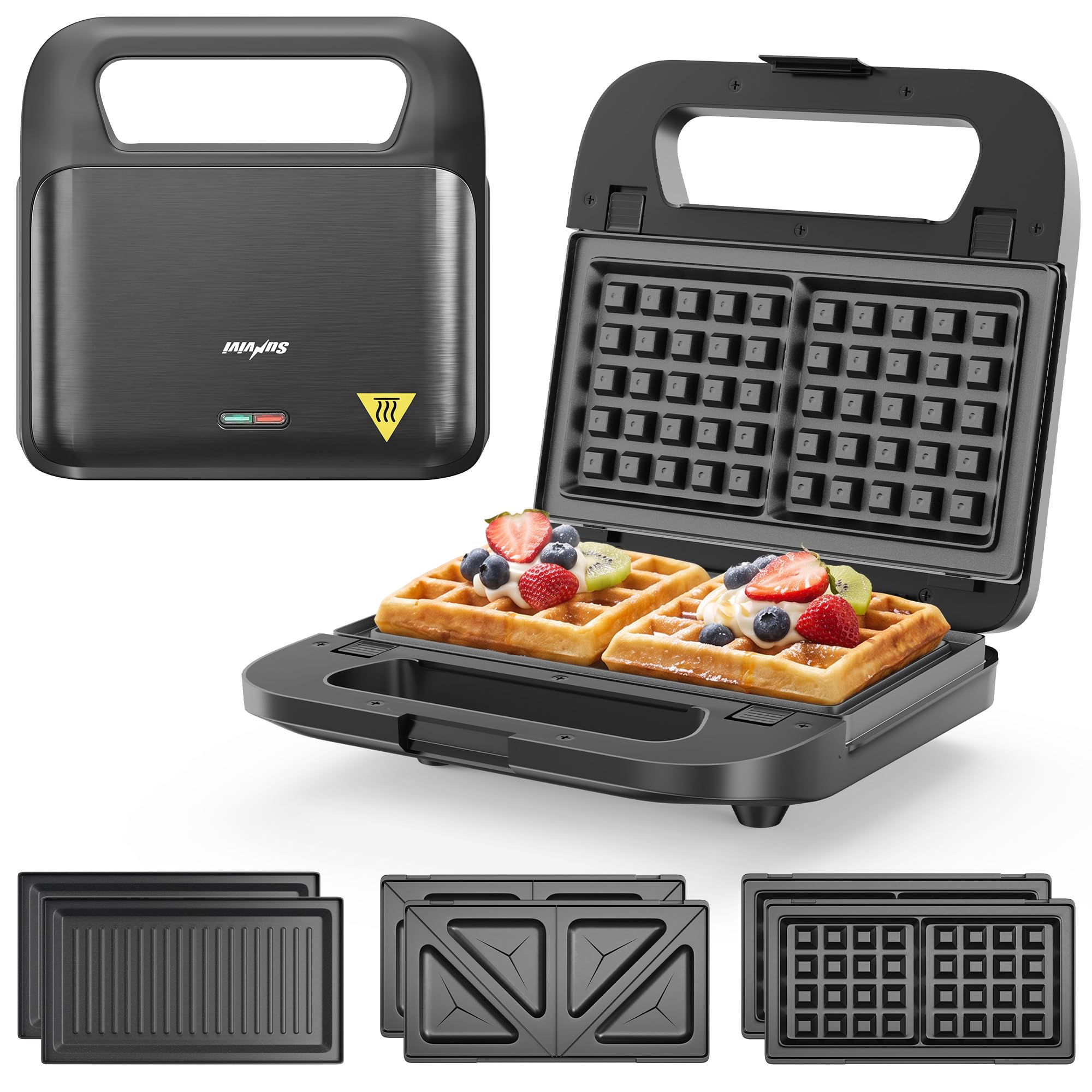 3 in 1 Electric Sandwich Maker with Removable Nonstick Plates - 750W, Black for Belgian Waffle/Panini/Grill/Pancake Griddle/Breakfast, Dishwasher Safe, Cool Touch Handle, Easy to Clean &amp; Store