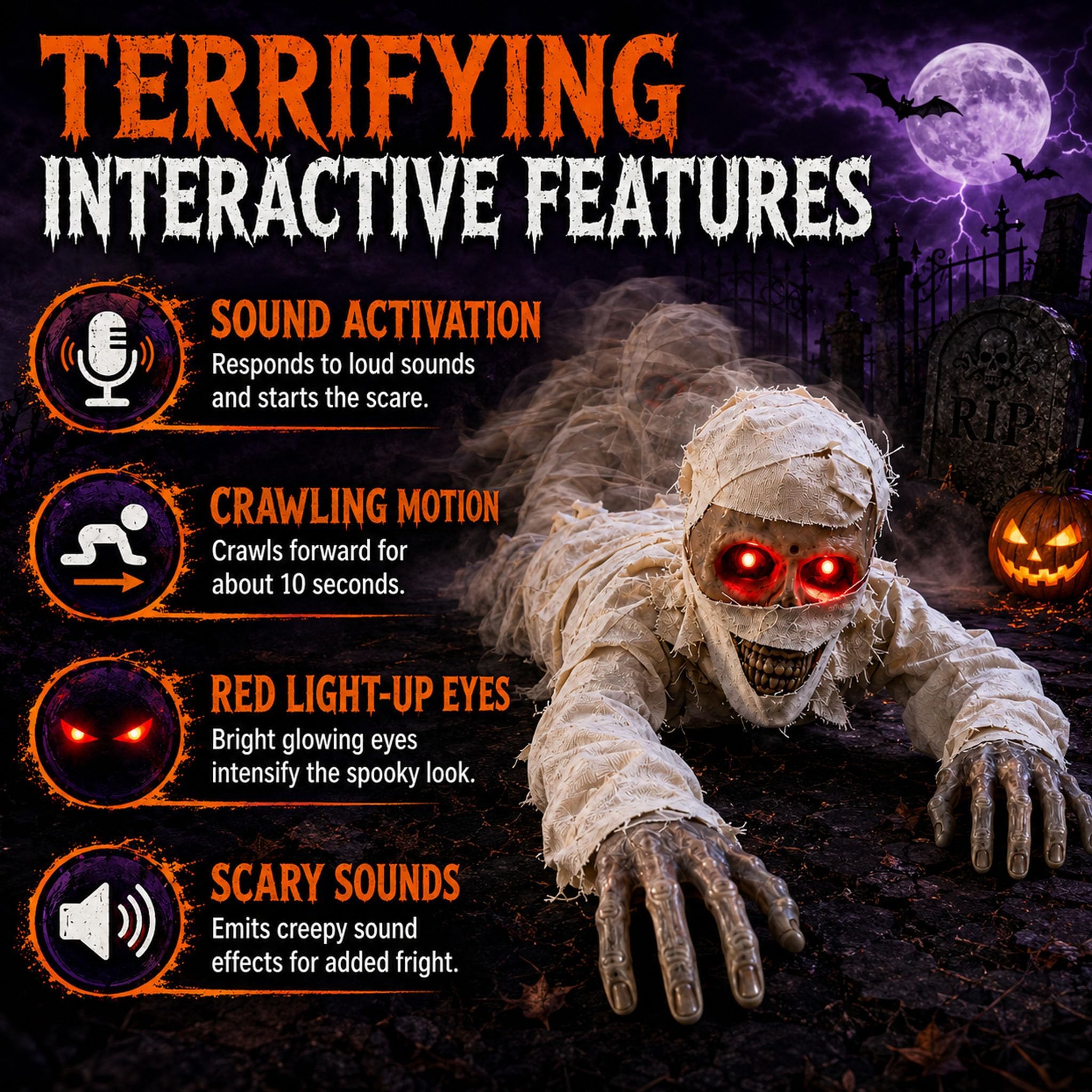 Kriechende Halloween Die Mumie, Halloween Deko Mumie Hat Leuchtend Rote Augen, Intelligente Sprachgesteuerte, Horror-Soundeffekte, Batteriebetrieben, FüR Innen, Garten, Rasen, Hofdekoration