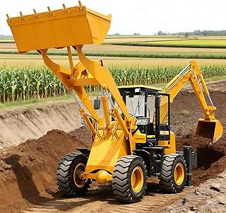 Compact Backhoe Loader Tractor, Mini Wheel Backhoe Loader with Front Loader and Rear Excavator Arm, Towable Small Digger for Construction, Farm and Rural Development
