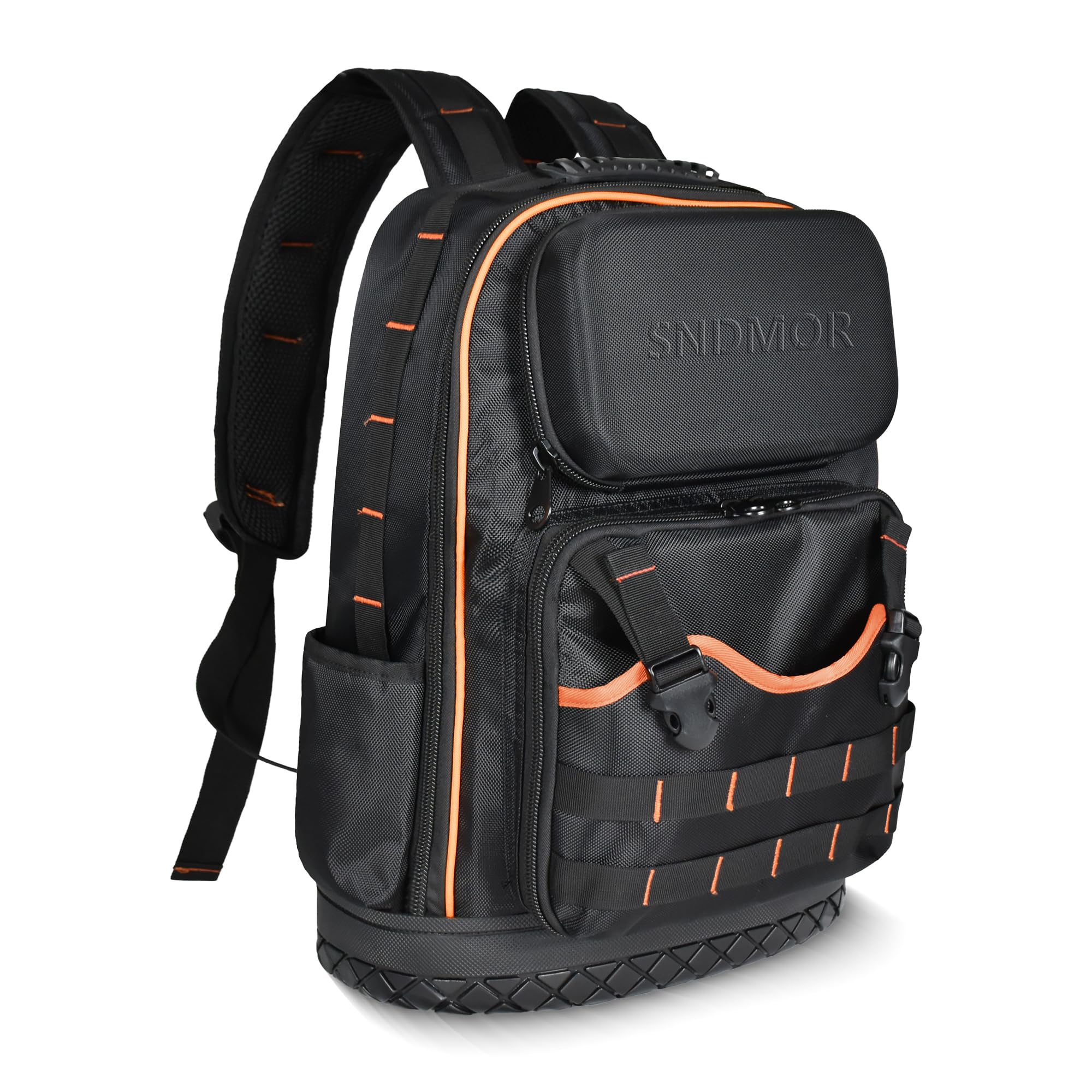 SNDMOR Tool Bag Backpack, 53 Pockets Mens Tool Bag, Heavy Duty Tool Backpacks with Removable Tool Roll, Waterproof Reinforced Rubber Bottom?Black & Orange?