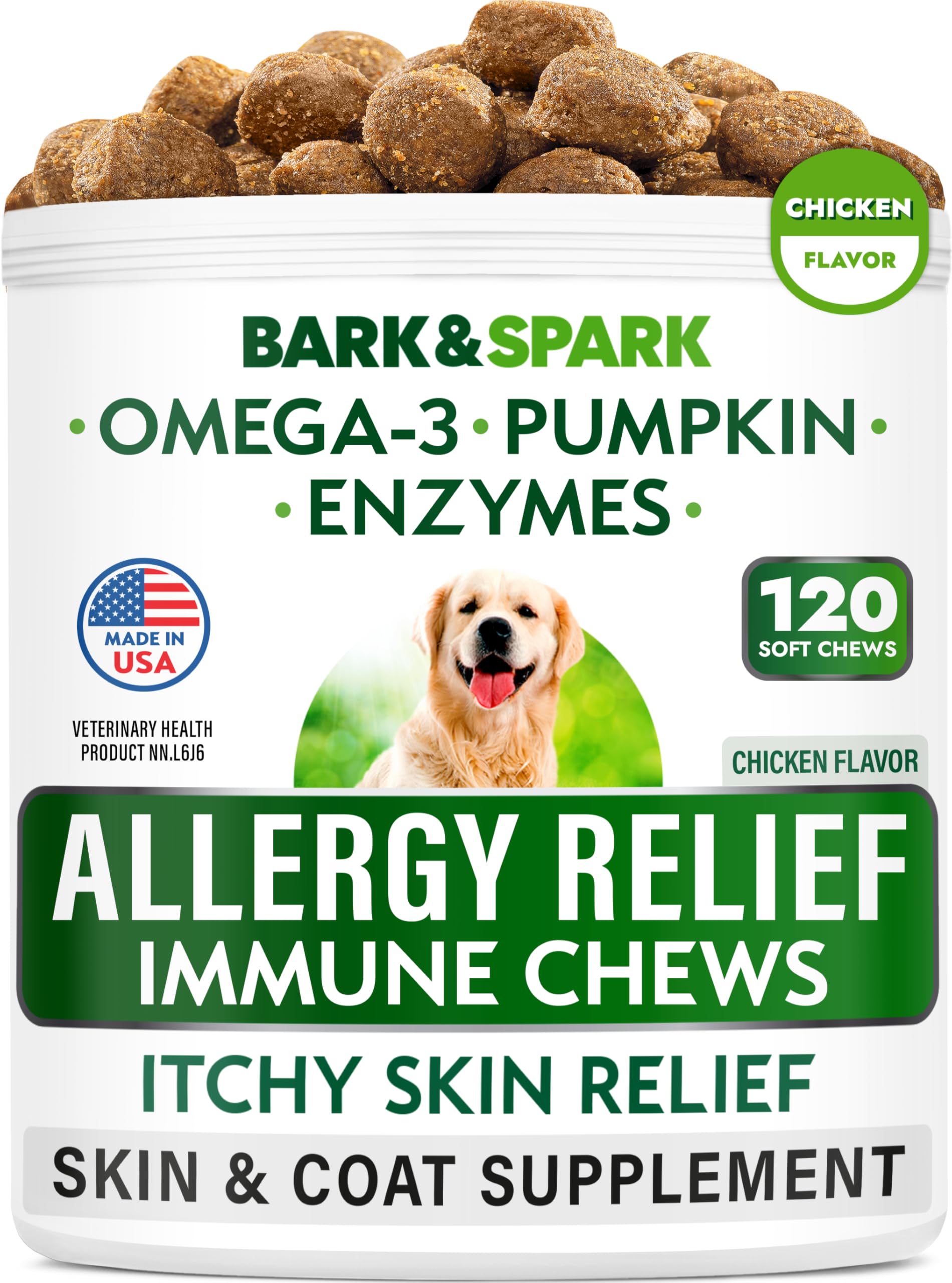 BARK&SPARK Allergy Support Dog Treats - Omega 3 + Pumpkin + Enzymes - Itchy Skin - Seasonal Allergies - Itch & Hot Spots Support - Immune Supplement - Made in USA - Chicken Flavor Soft Chews