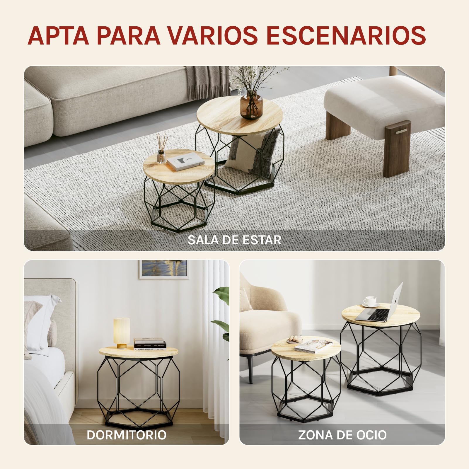 WOLTU Juego de 2 Mesitas de Cafe, Auxiliar con Tablero Redondo, Mesa Centro en Estructura Metálica, Ideal para Salon y Dormitorio, Roble Claro+Negro, BTS05hei
