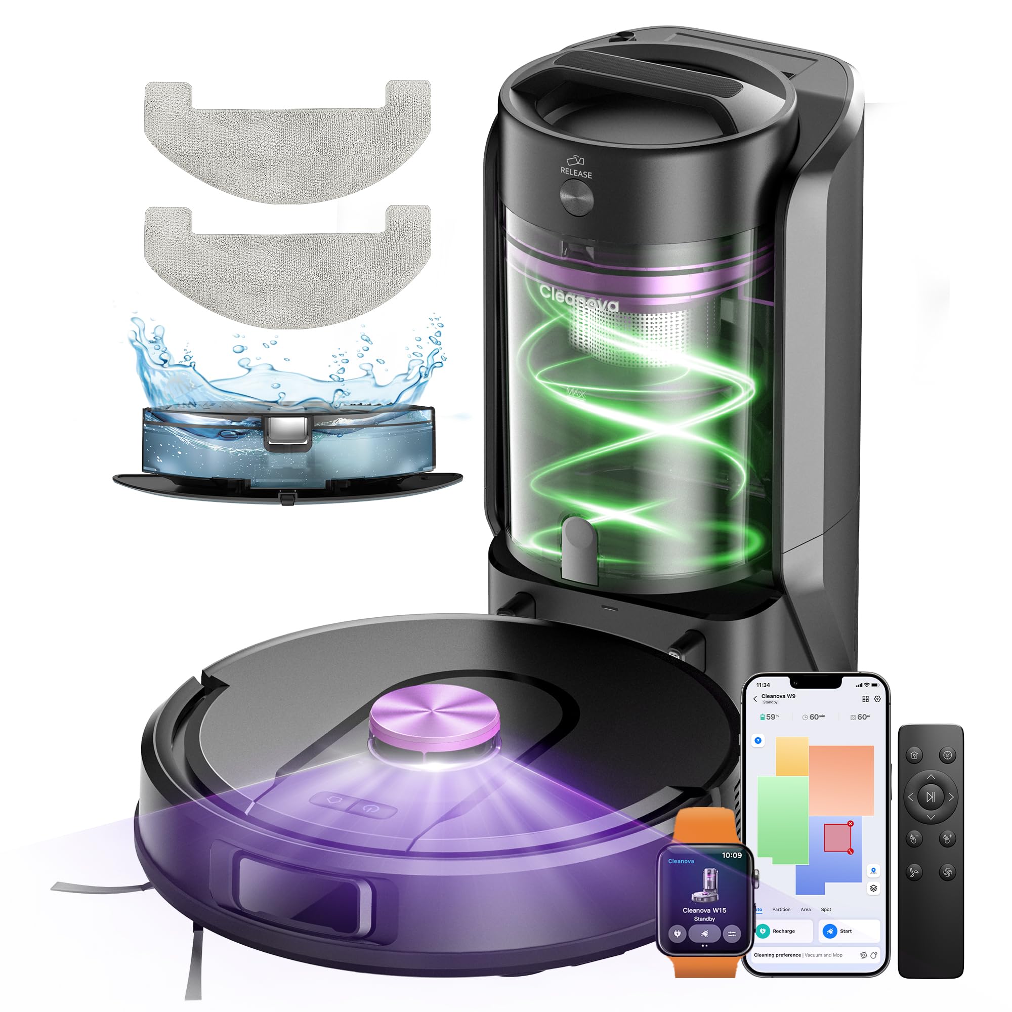 Vexilar Saugroboter mit Wischfunktion, beutelloser Multi-Zyklon Saugroboter mit Absaugstation, 10.000Pa & 200 Min Staubsauger Roboter, 3-in-1 Saug und Wischroboter für Tierhaare & Teppich (Schwarz)