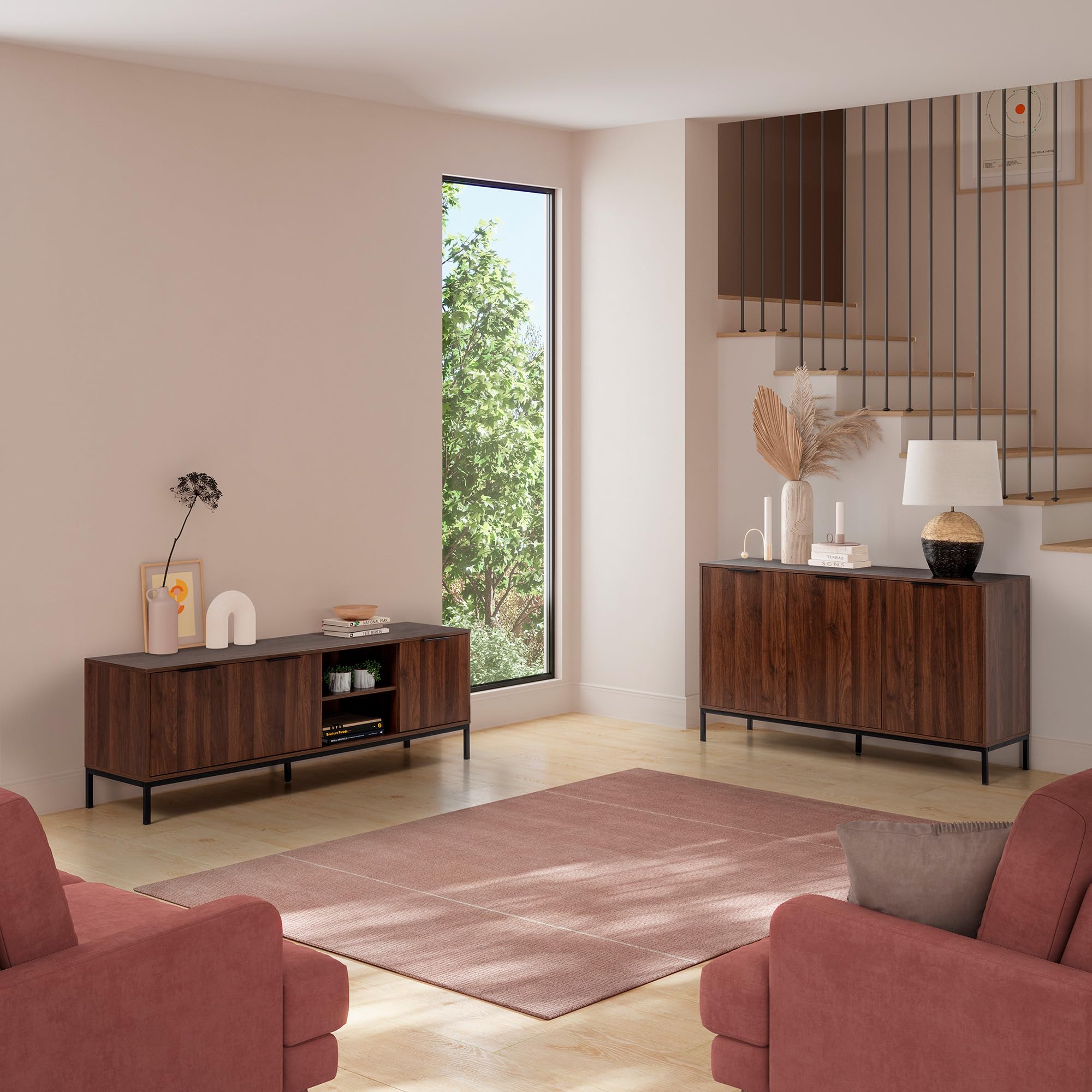 HOMN LIVING Aparador Auri 3 Puertas Color Nogal, 140 cm (Ancho) 40 cm (Profundo) 80 cm (Altura)