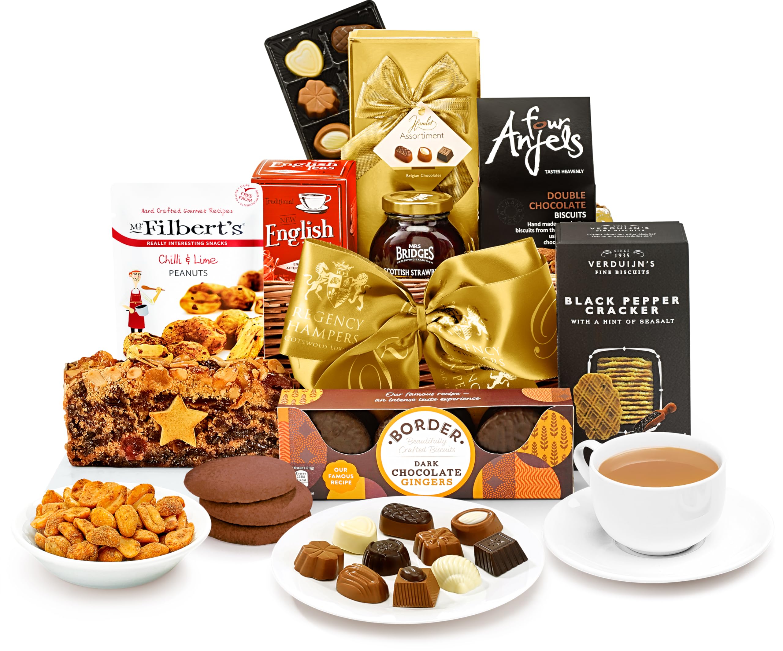 Luxury Tea & Biscuits Gift Set - Afternoon Tea Hamper with Dark Chocolate Ginger Biscuits, Strawberry Preserve, Fruit Cake - Luxury Coffee Gifts, from Regency Hampers
