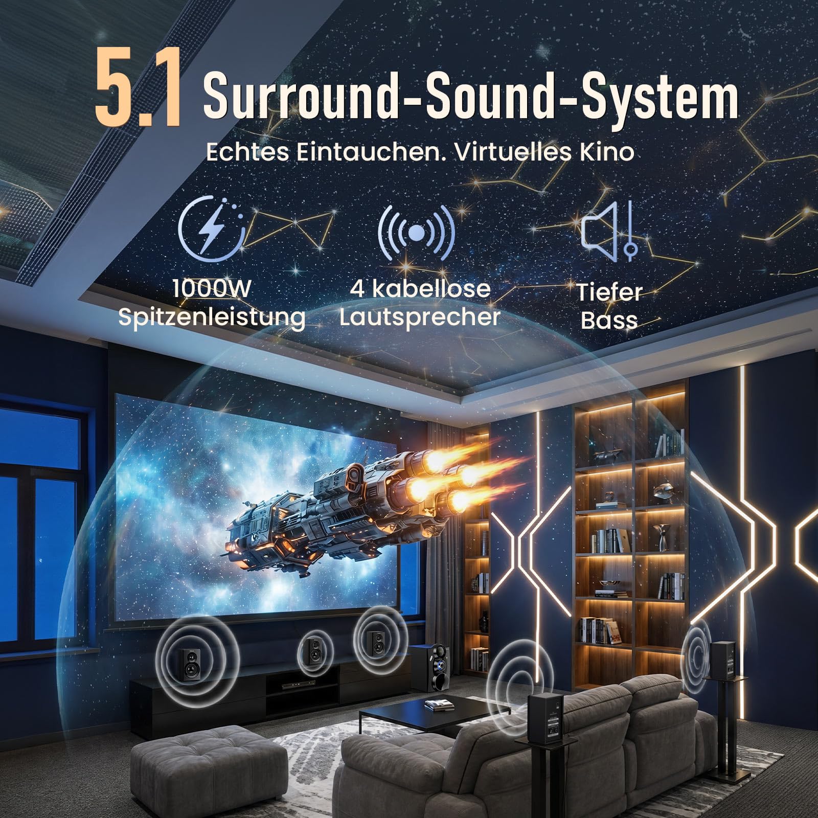Bobtot Kabelloses Surround Sound System für Heimkino, 1000 W Surround-Lautsprecher, 8-Zoll-Subwoofer, 5.1/2.1-Kanal-System mit tiefen Bässen US-auf-EU-Steckeradapter im Lieferumfang enthalten