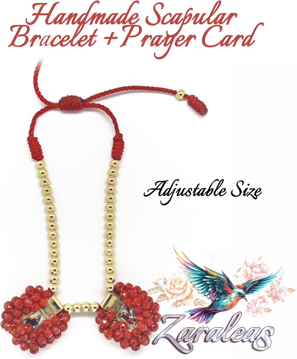 Sacred Scapular Bracelet Handmade Murano Stone Wristband with Golden Beads - Sacred Heart of Jesus, Holy Virgin of Carmen, St. Michael Archangel. 2cm x 2cm by Zaraleas (Sand) (Red) - Image 5