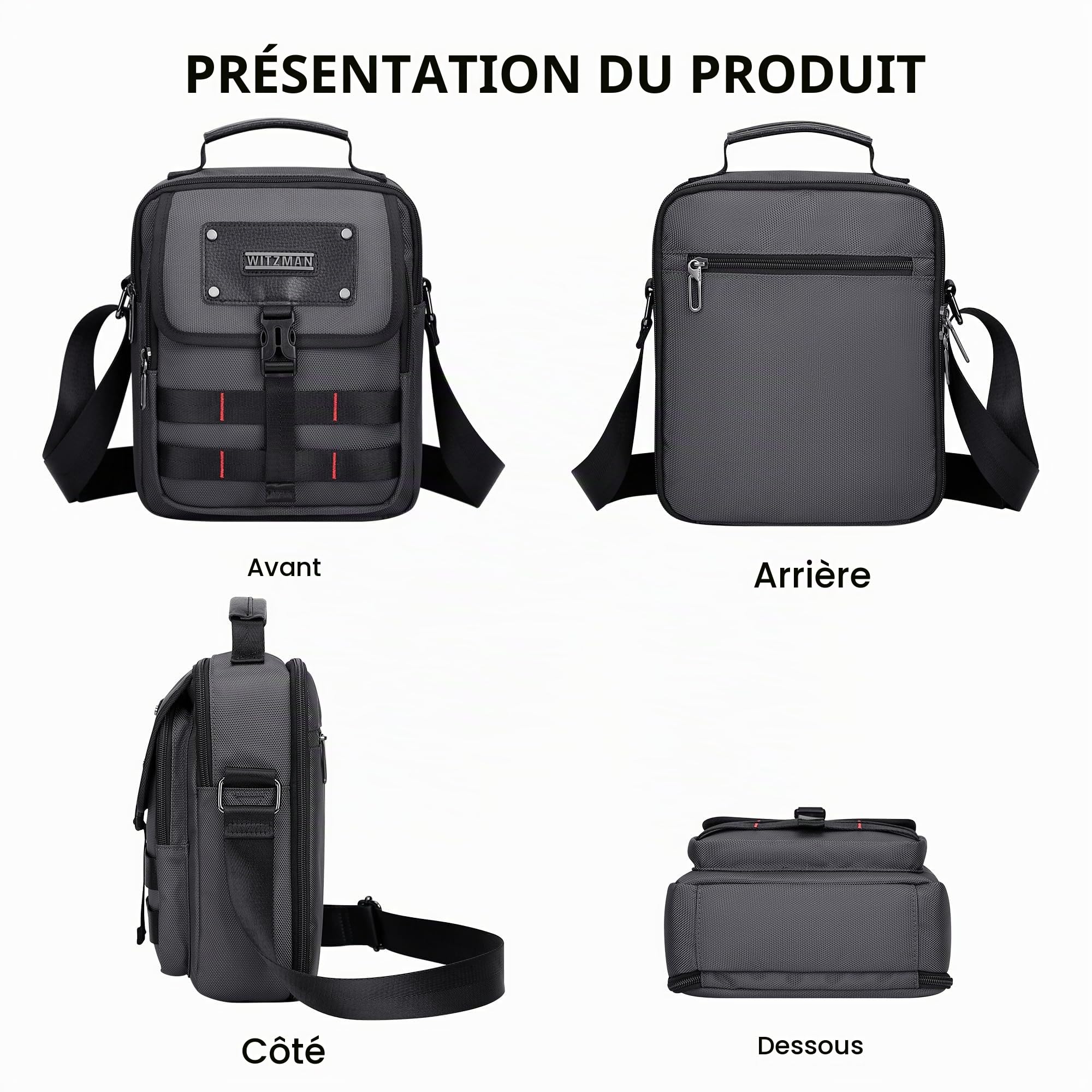 WITZMAN Sac à bandoulière léger pour homme - Sac à bandoulière décontracté en nylon pour le travail et les voyages