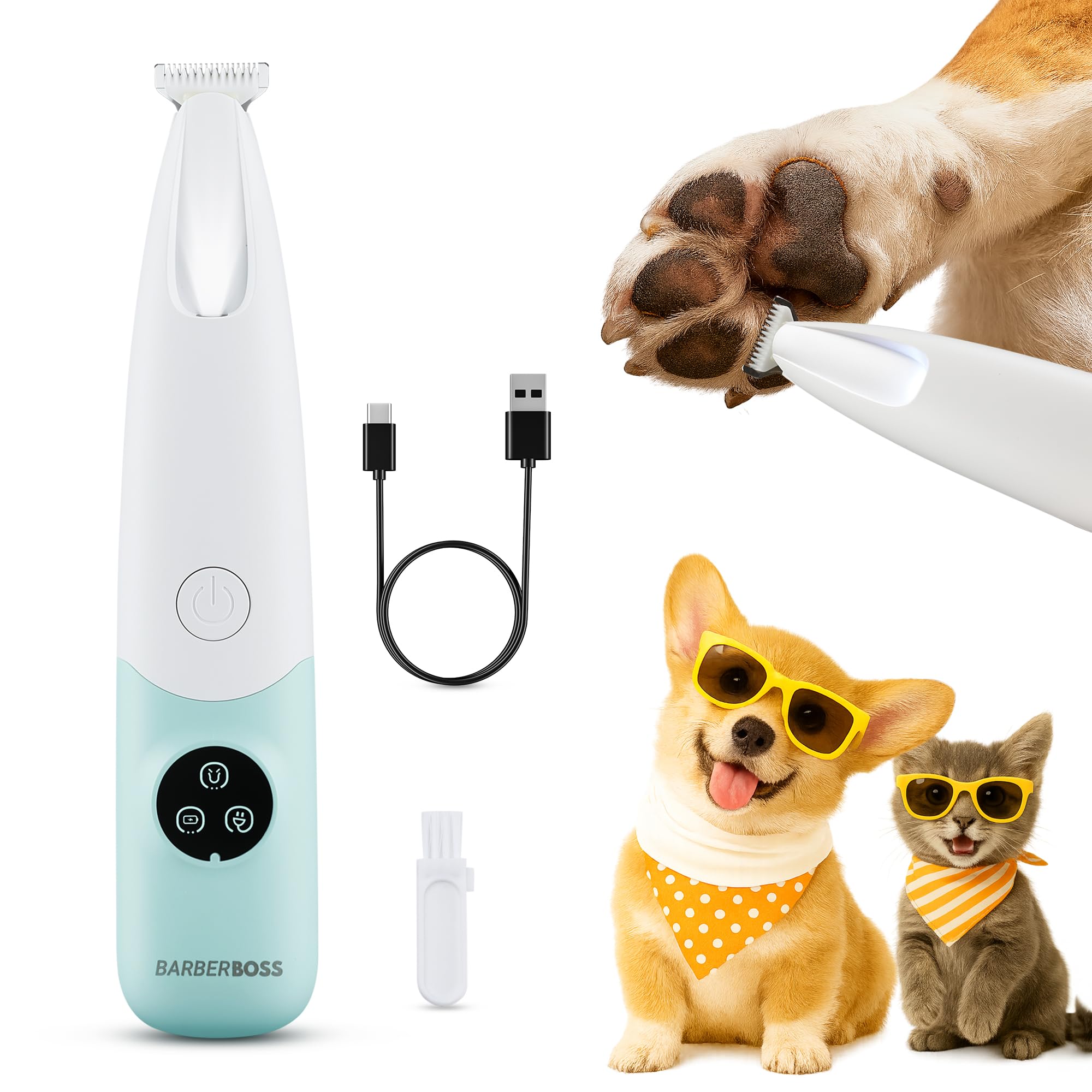 BarberBoss Pet Hair Trimmer, Dog & Cat Grooming Clippers with LED Display, Low Noise Cordless Paw Trimmer, USB Rechargeable, Pet’s Detail Trimmer for Face, Paws, Ears & Body, Dog Hair Shaver, QR-9001
