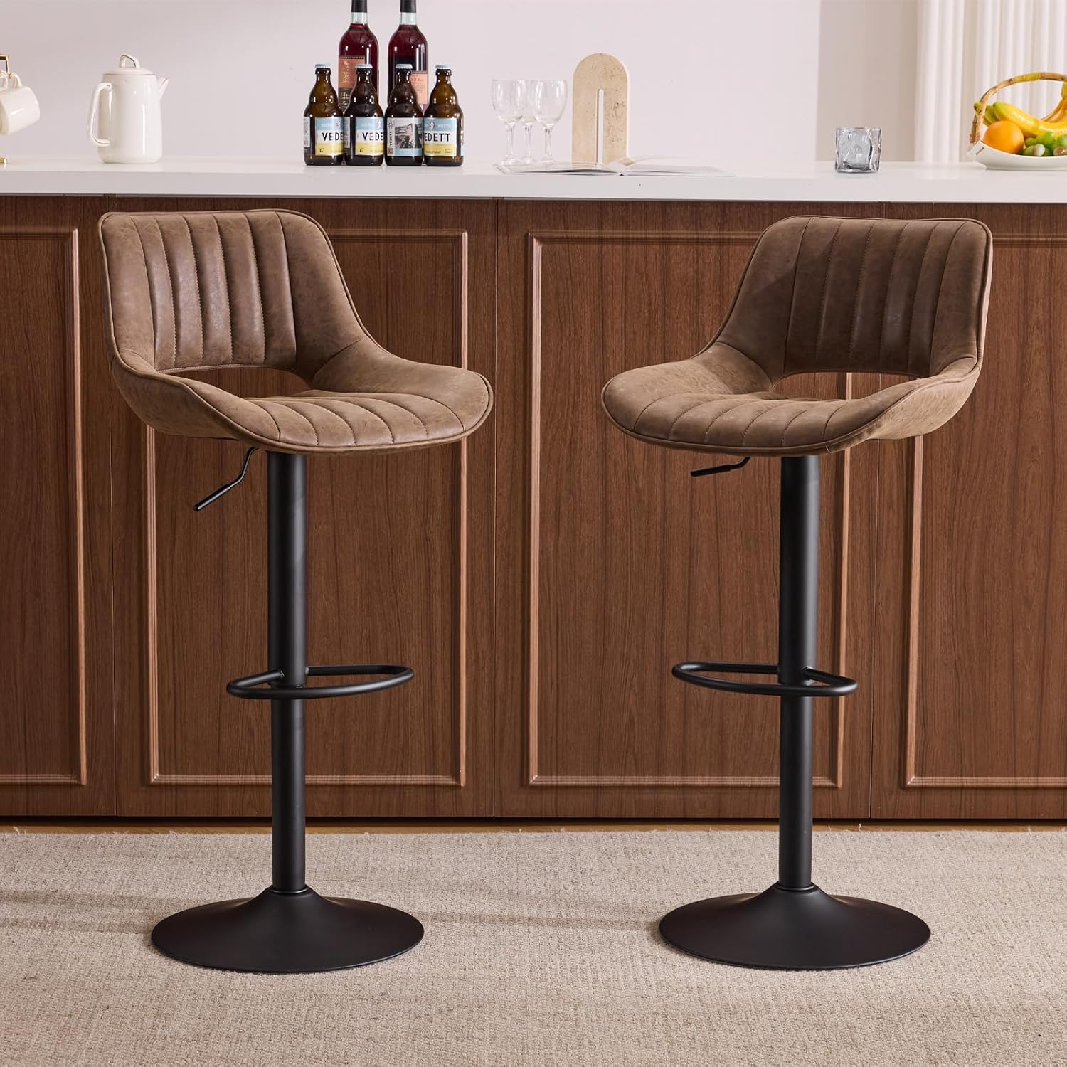 Brown Bar Stools Set of 2, Adjustable Swivel Barstools with Leather Seat and Metal Frame, Modern Counter Height Bar Chairs with Back & Footrest for Kitchen Island, Bar, Dining Room