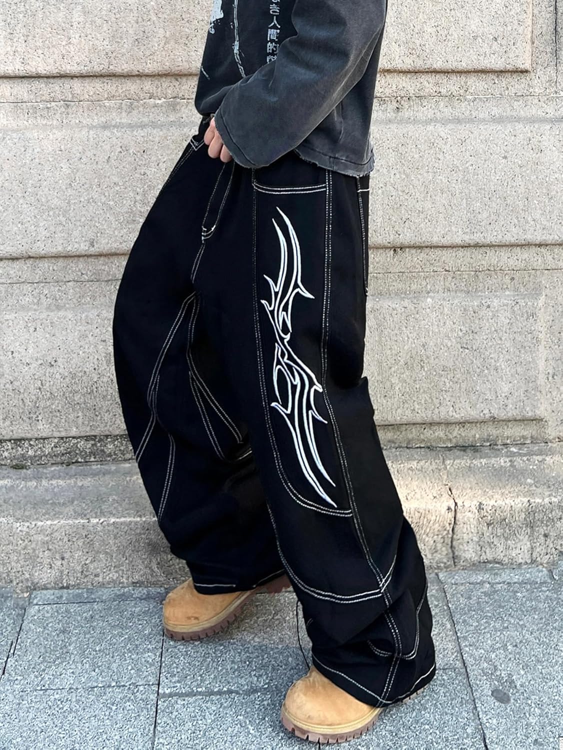 Men's Hip-hop Embroidered Baggy Jeans Loose Fit Denim Black Trousers - Image 3