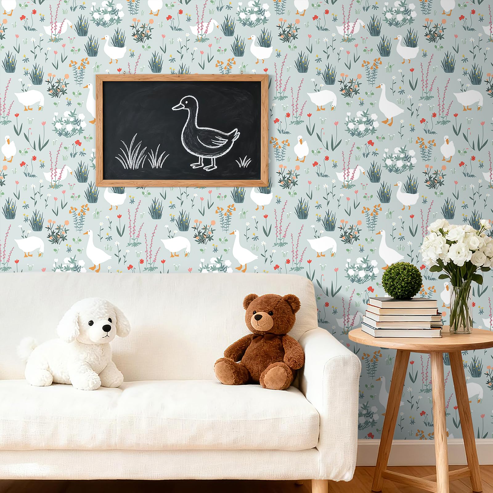 FunStick 44.5CMx9M Papel Pintado Autoadhesivo Botanico Vinilo Adhesivo Flores Pequeñas Verde Azul Revestimiento Pared Gansos Blancos en Los Prados Papel Adhesivo para Habitación Baño Verde Pálido Azul