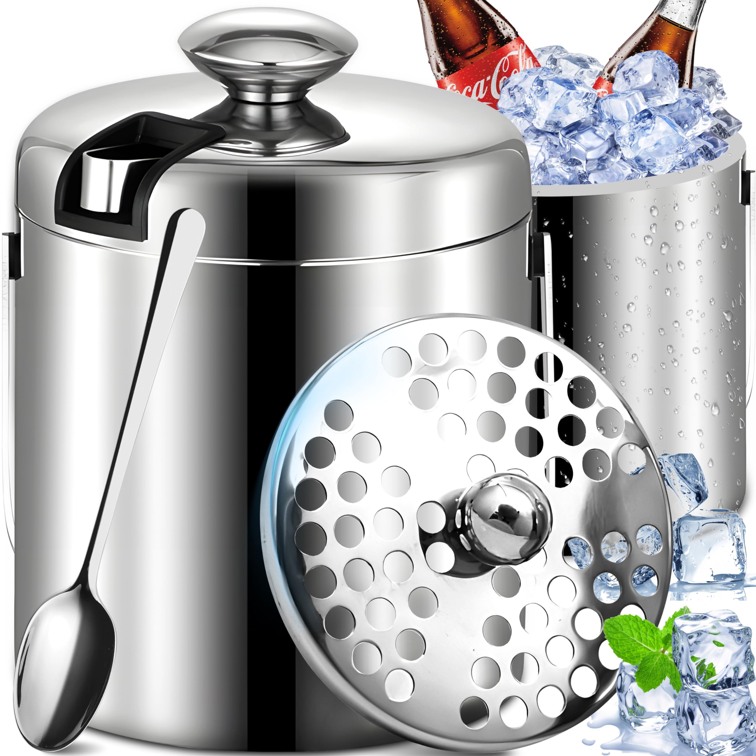 Retoo Secchiello ghiaccio con coperchio e pinza, contenitore per cubetti di ghiaccio, a doppia parete, in acciaio inox, 1,3 litri, per cubetti di ghiaccio, spumante con manico, 20 x 14,5 cm