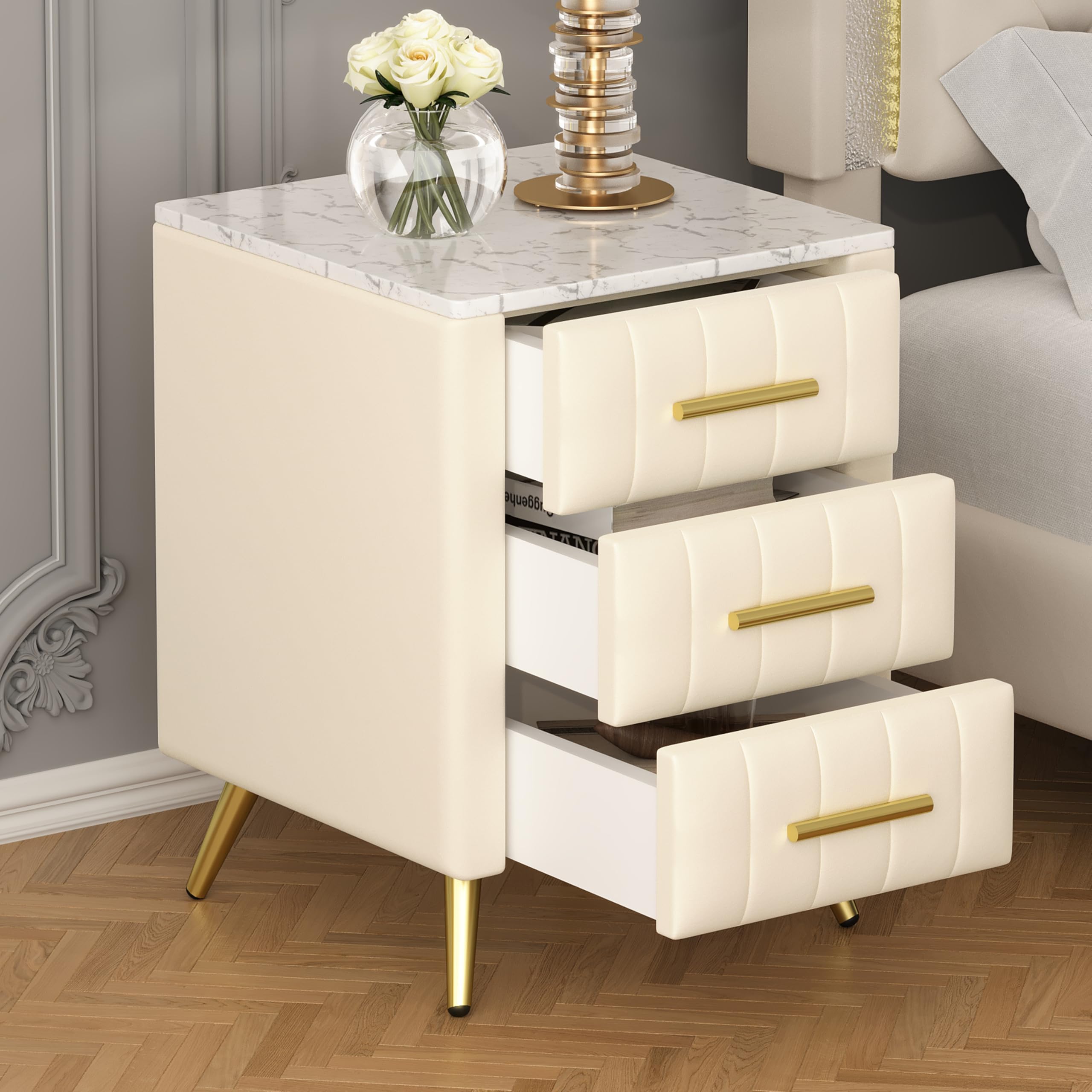 Bellemave Upholstered Wooden Nightstand with 3 Drawers, Bedside Table with Marbling Stickers Worktop, Velvet End Table with Metal Legs & Handles (