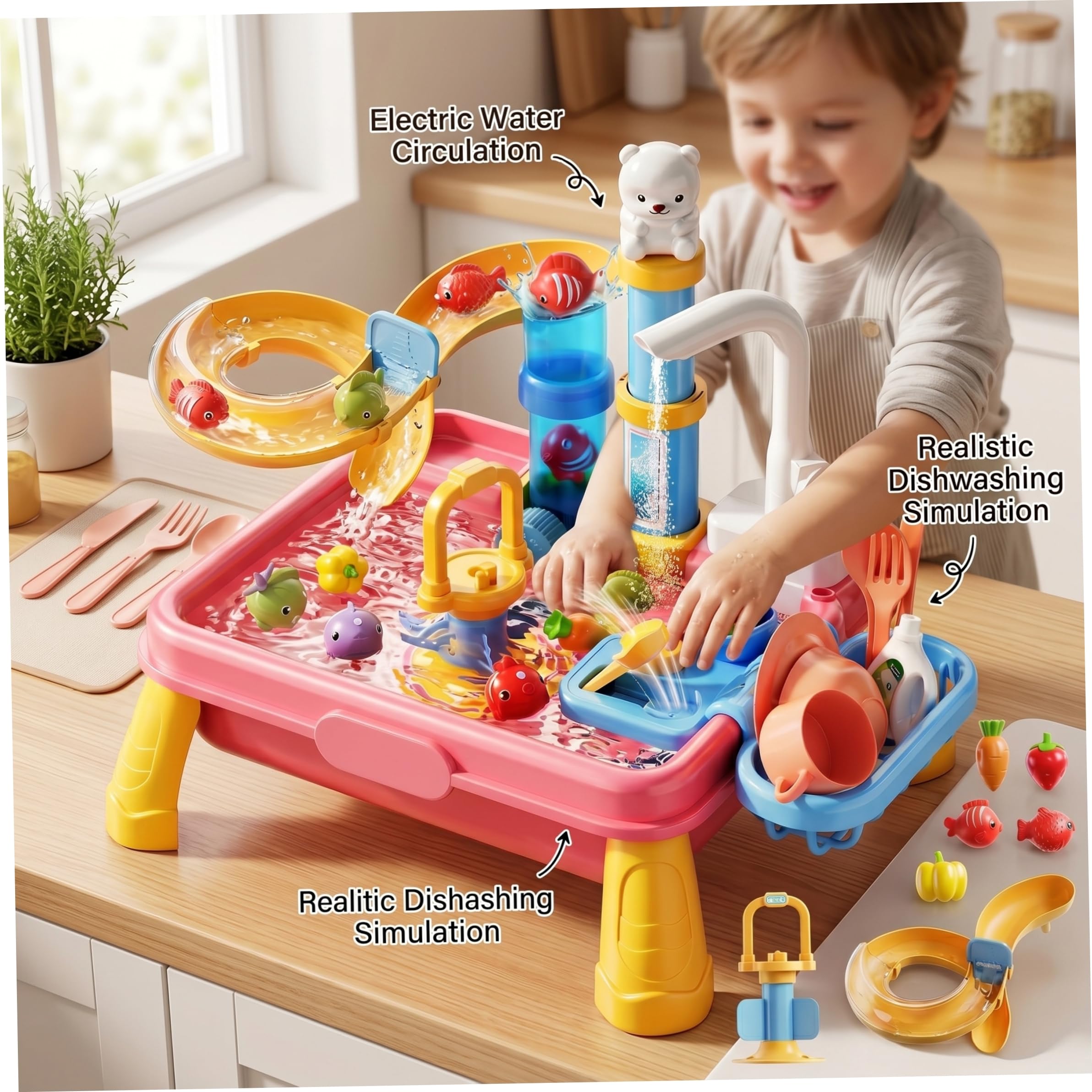 Lavandino da gioco con acqua corrente, Tavolo da acqua per bambini 7 in 1 con giocattolo da pesca Realistico Fai finta di giocare a Circolazione automatica del giocattolo della cucina per le ragazz