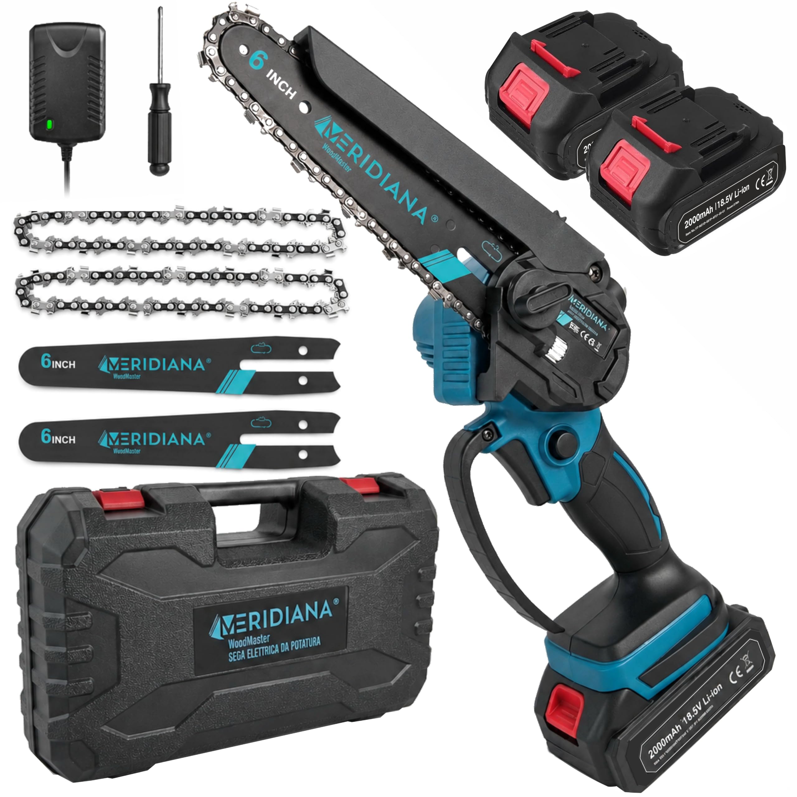 Meridiana Mini Motosega a Batteria senza fili per Potatura - 6 Pollici Motosega Elettrica Motore 21V con Oliatore Integrato, 2 Batterie 2000mAh, 2 Barre, 2 Catene e Cacciavite in Valigetta Rigida