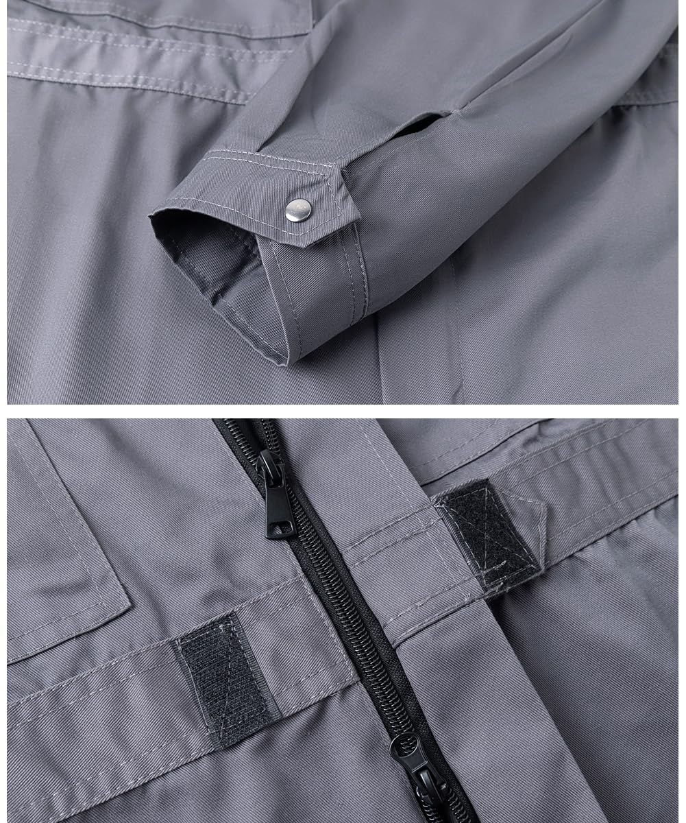 Uomo Incappucciato Tuta da Lavoro Multitasche in Poliestere e Cotone Tuta da Lavoro con Elastico Salopette da Lavoro Uniforme con Tasche, Grigio, M