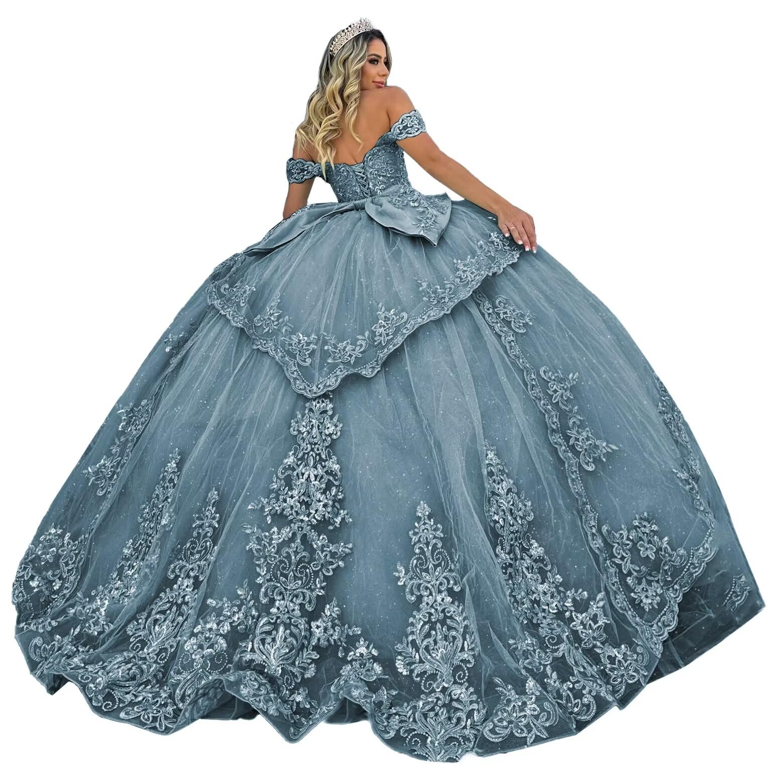 PFTFB Gorgeous Beading Applique Quinceanera Dresses with Bow Off Shoulder Sweet 16 Dresses Layered Tulle Quince Dress