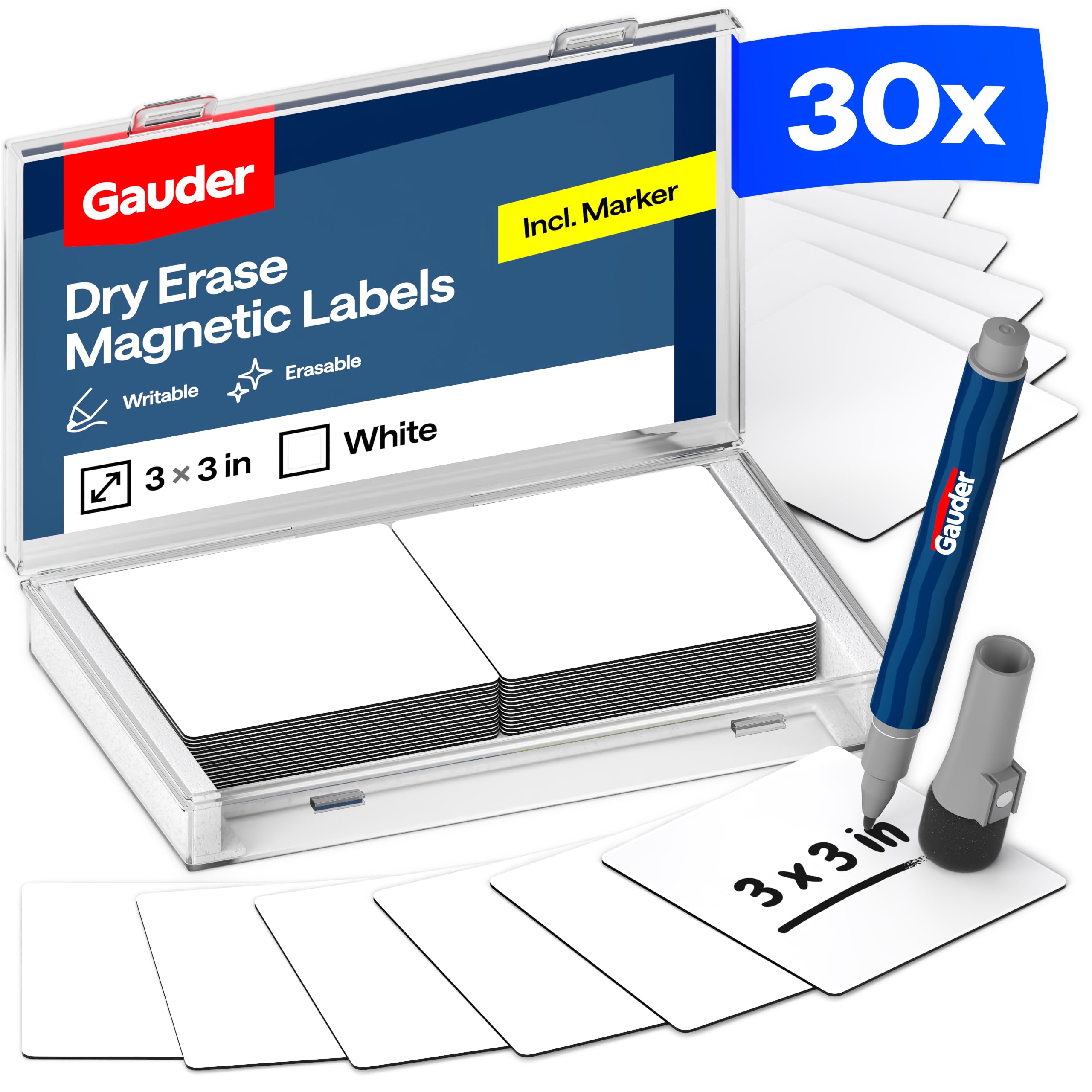 GAUDER Magnetic Labels Writable - Reusable Magnetic Tags for Whiteboard, Blackboard, Kanban Board and Fridge - Magnet Cards with Marker (30 Pieces - 75 x 75 mm) — image 1