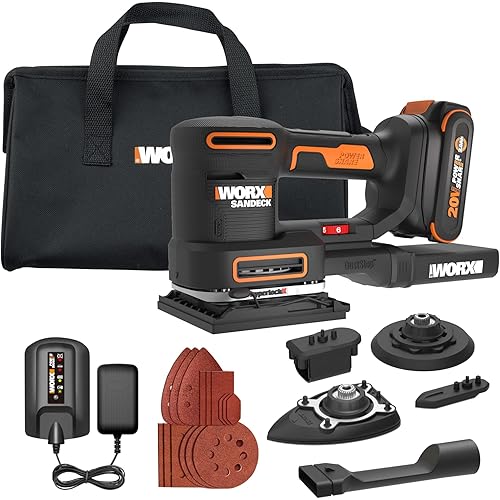 WORX Cordless Sander, 20V 10,000 orbits/minute Electric Sander, 5-in-1 Functions, Tool-less Sanding Pad Change, 20 V 2.0 Ah Battery and Charger Included, PowerShare