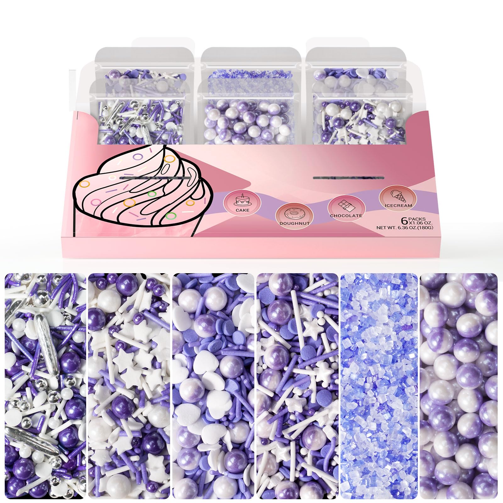 HUEBEATY® 6-in-1 Purple Sprinkles for Cake & Cupcake Decorating – 180g Edible Sanding Sugar & Pearl Sprinkles Mix for Birthday, Wedding, Unicorn &