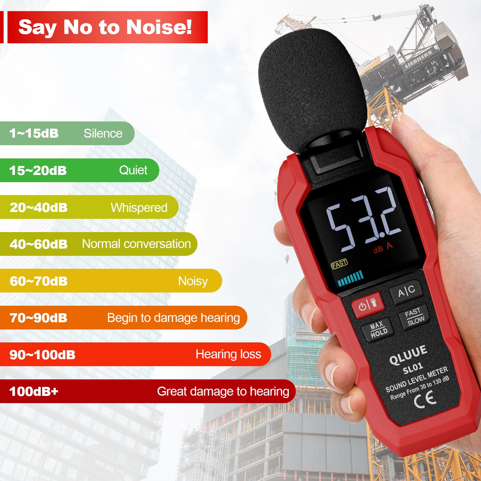 Cyfrowy przenośny miernik poziomu dźwięku, 30 dB do 130 dB, wyświetlacz LCD z obciążeniem A/C, może być używany w domu, w fabryce i na ulicy