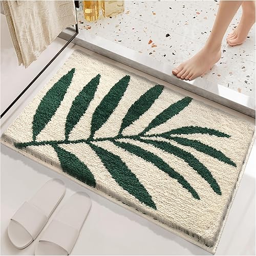 Apeso Alfombra de baño de felpa verde, antideslizante, absorbente de agua, con encantador diseño de hojas. Alfombra de baño pequeña de microfibra Apeso Alfombra de baño de felpa verde, antideslizante, absorbente de agua, con encantador diseño de hojas. Alfombra de baño pequeña de microfibra