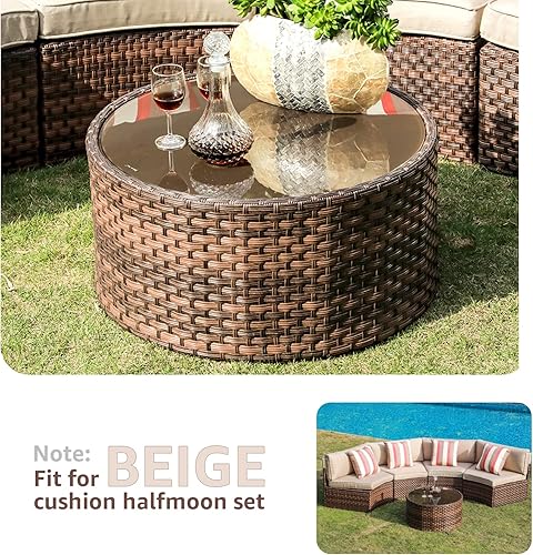 Miniatura 4 de SUNSITT Mesa de centro redonda para exteriores con tapa de vidrio templado, mesa auxiliar de mimbre de mimbre de resina de ratán PE, marrón