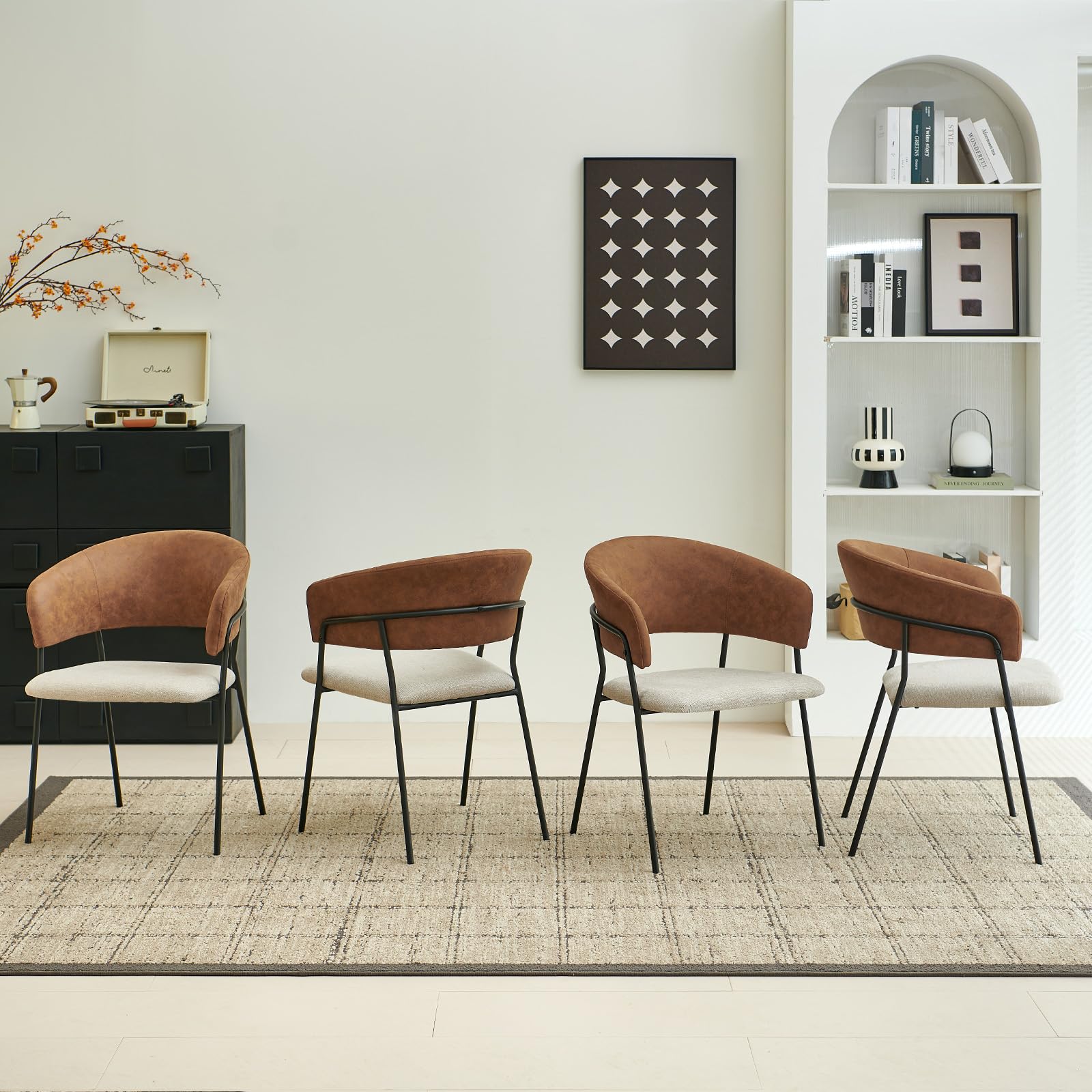 Colorig Modern Dining Chairs Set of 4 Linen-Fabric Upholstered with Leathaire Armrest and Sturdy Metal Frame Legs for Kitchen,Dining Room,Living Room,Coffee lounge Restaurant (4, White Brown)