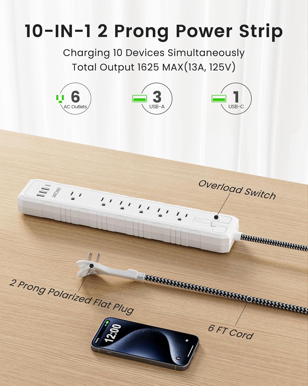 2 Prong to 3 Prong Outlet Adapter, LENCENT 2 Prong Power Strip, 1050J 2 Prong Flat Plug Surge Protector, 6ft Extension Cord, 6 AC Outlets & 4 USB(1 Type-C), Ideal for Non-Grounded Outlets