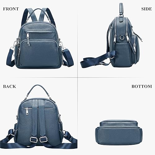 Miniatura 4 de ALTOSY Mochila de cuero genuino para mujer, pequeña mochila convertible bolso para damas, bolso de hombro 4 en 1 para llevar, azul, (Linen Blue),