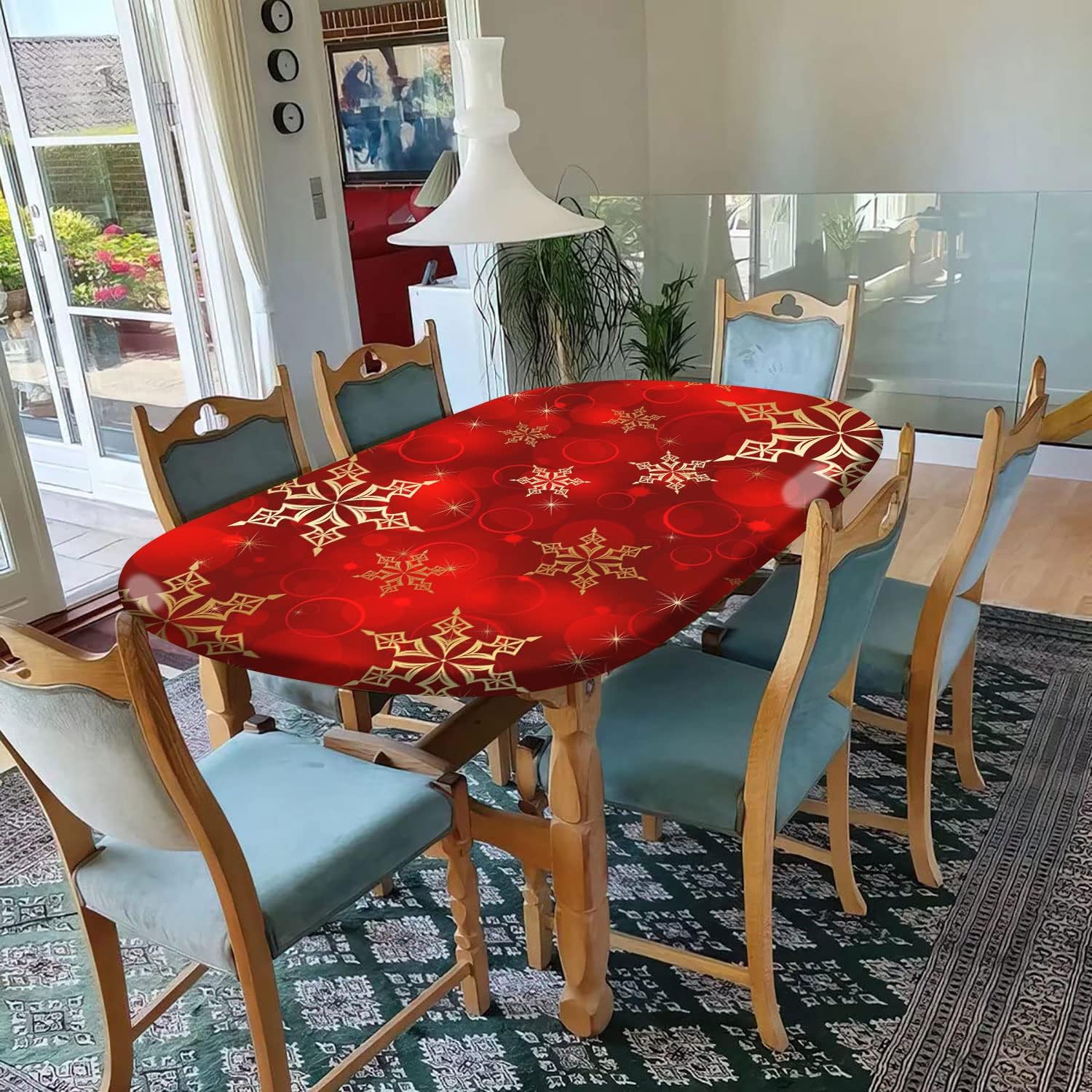 Red Christmas Oval Tablecloths, Golden Snowflake Print Elastic Fitted Table Cloth, Windproof Oblong Covers for Indoor Dinner and Outdoor Patio Decor, Fits Tables up to 48'' x 68''